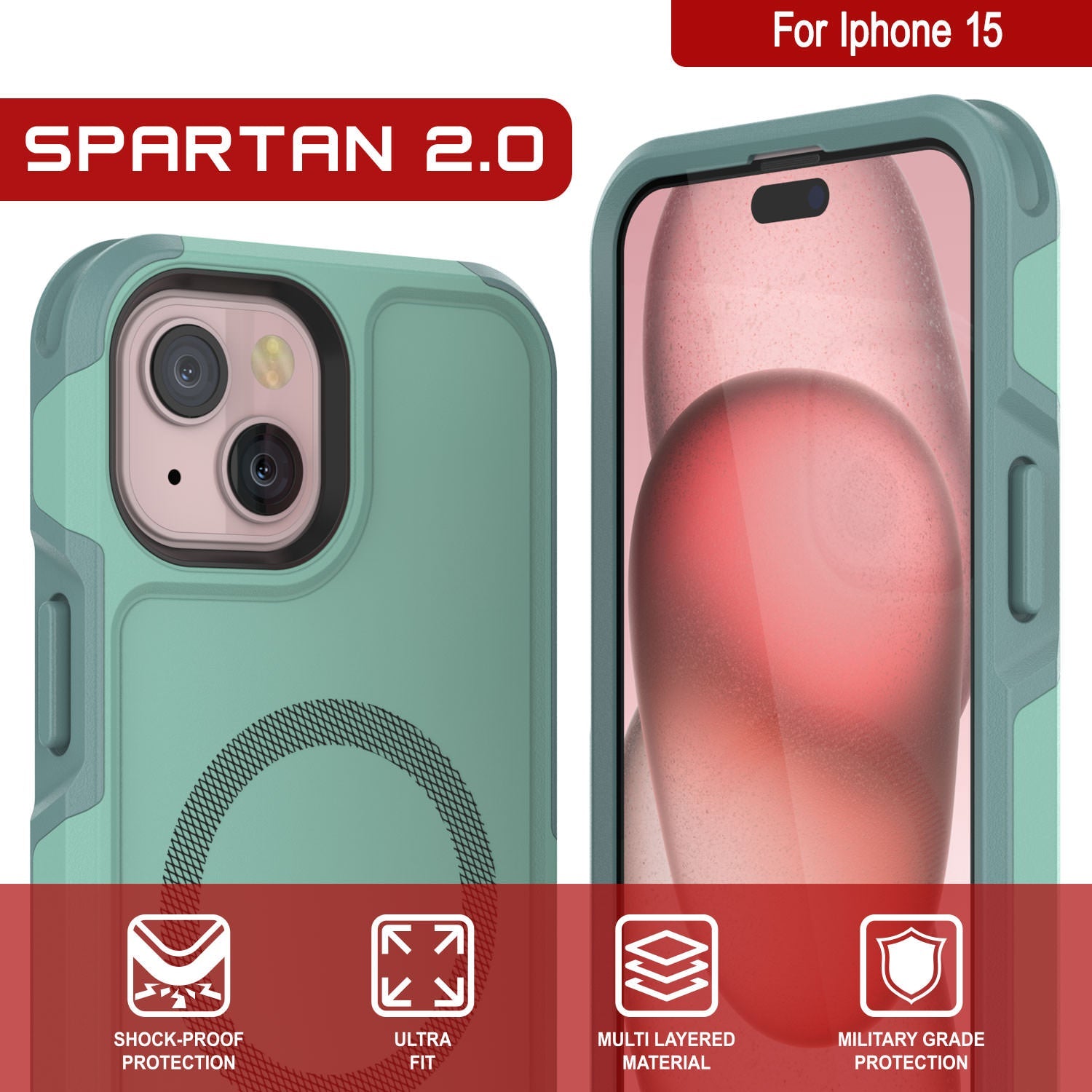 PunkCase iPhone 15 Case, [Spartan 2.0 Series] Clear Rugged Heavy Duty Cover W/Built in Screen Protector [teal]