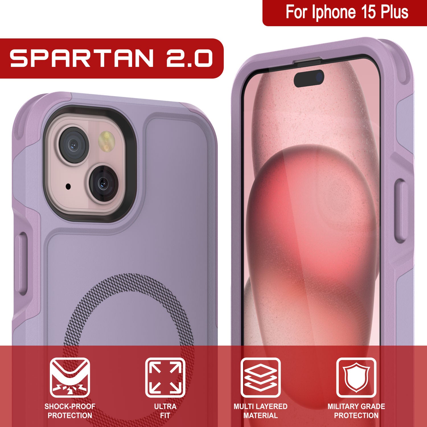 PunkCase iPhone 15 Plus Case, [Spartan 2.0 Series] Clear Rugged Heavy Duty Cover W/Built in Screen Protector [lilac]