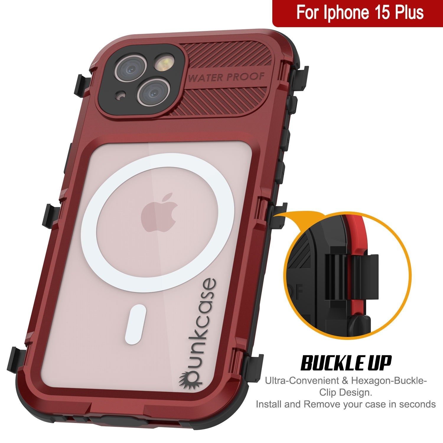 iPhone 15 Plus Metal Extreme 2.0 Series Aluminum Waterproof Case IP68 W/Buillt in Screen Protector [Red-Black]