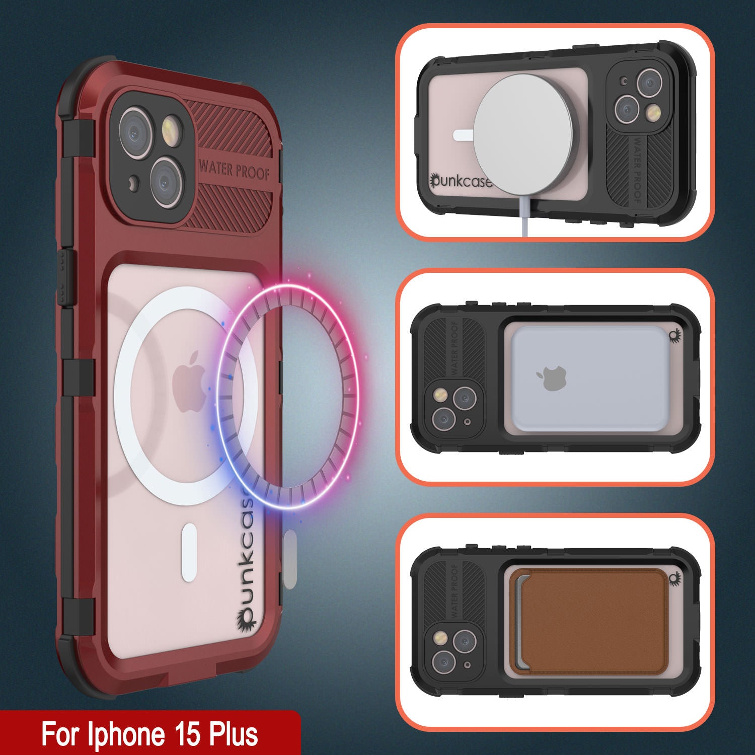 iPhone 15 Plus Metal Extreme 2.0 Series Aluminum Waterproof Case IP68 W/Buillt in Screen Protector [Red-Black]