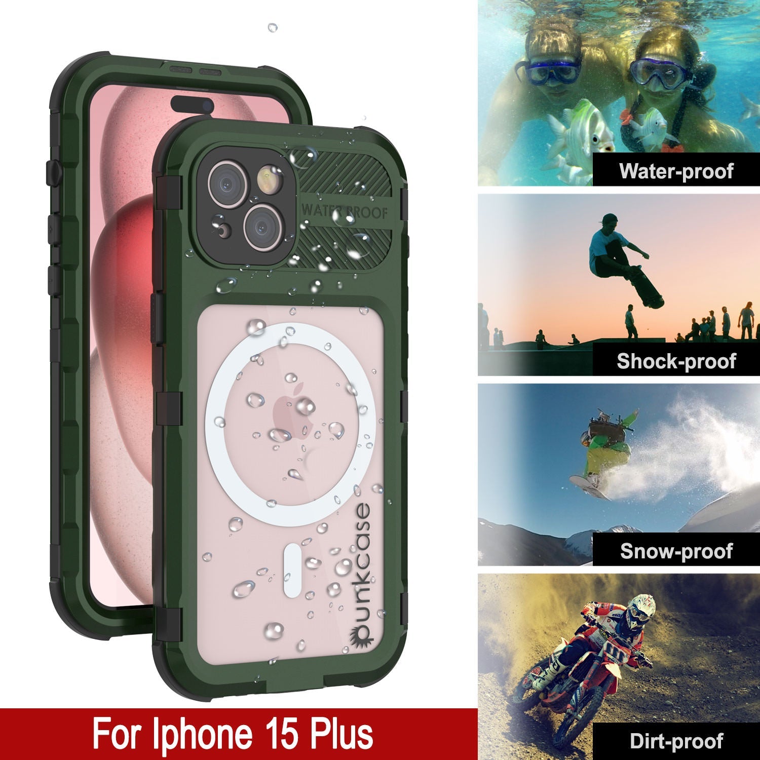 iPhone 15 Plus Metal Extreme 2.0 Series Aluminum Waterproof Case IP68 W/Buillt in Screen Protector [Dark-Green]