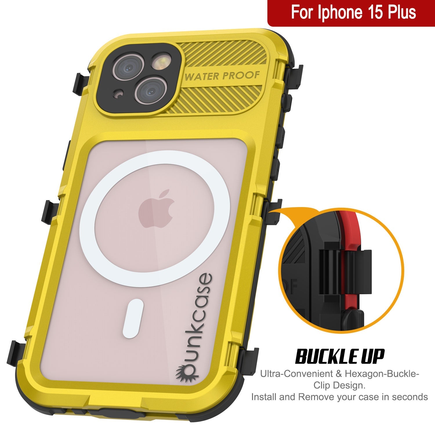 iPhone 15 Plus Metal Extreme 2.0 Series Aluminum Waterproof Case IP68 W/Buillt in Screen Protector [Yellow]