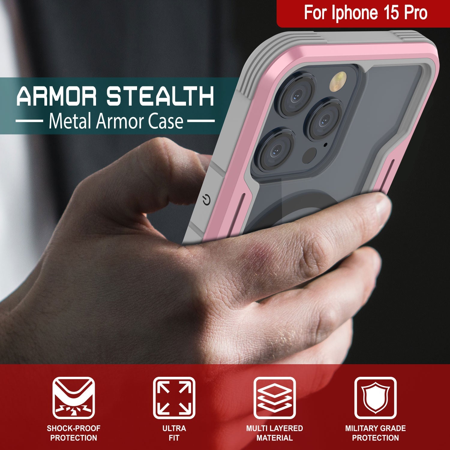 Punkcase iPhone 15 Pro Armor Stealth MAG Defense Case Protective Military Grade Multilayer Cover [Rose-Gold]