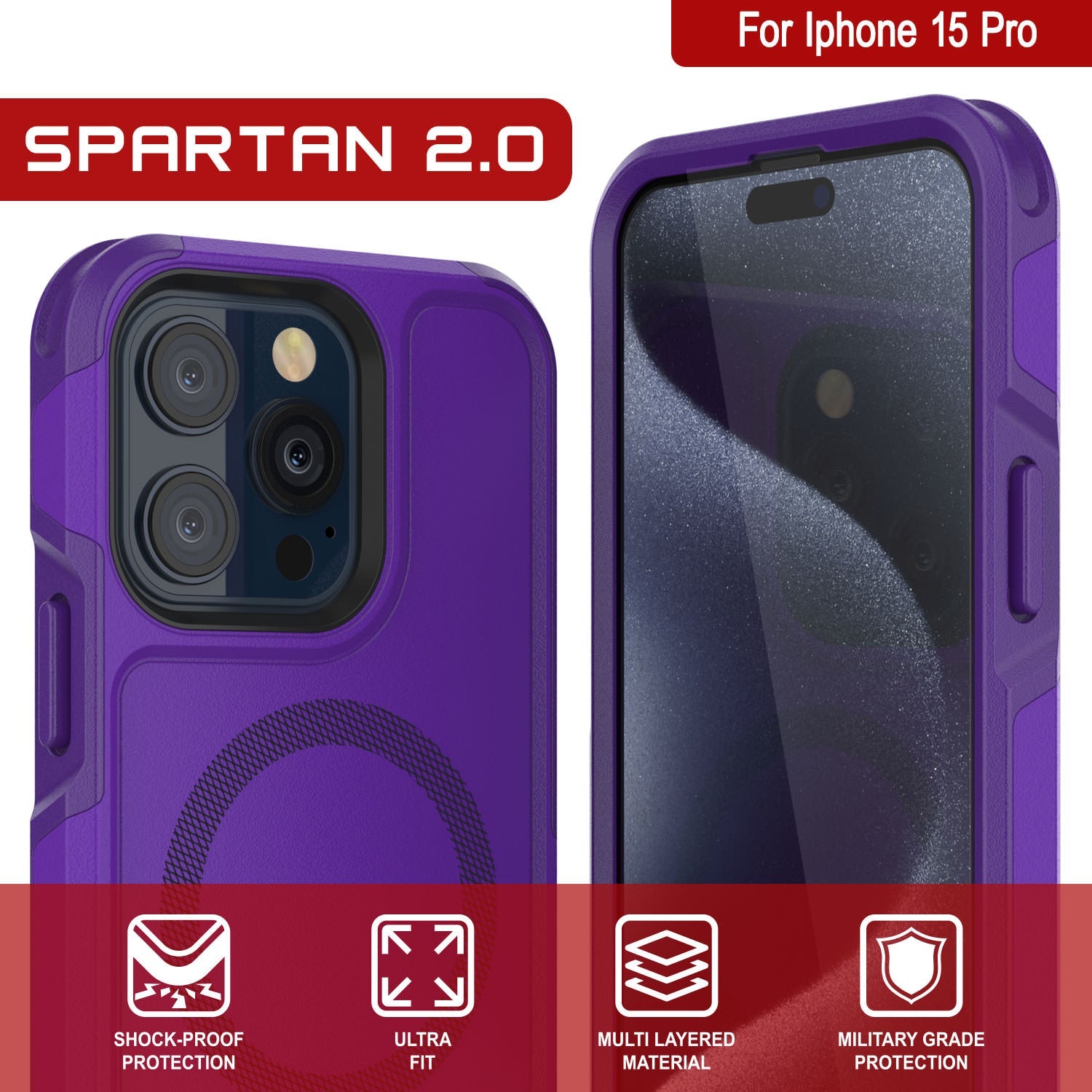PunkCase iPhone 15 Pro Case, [Spartan 2.0 Series] Clear Rugged Heavy Duty Cover W/Built in Screen Protector [purple]