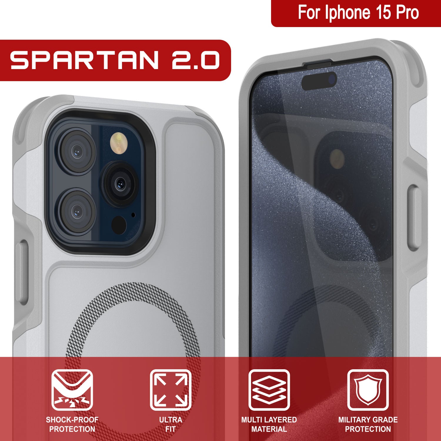 PunkCase iPhone 15 Pro Case, [Spartan 2.0 Series] Clear Rugged Heavy Duty Cover W/Built in Screen Protector [white]