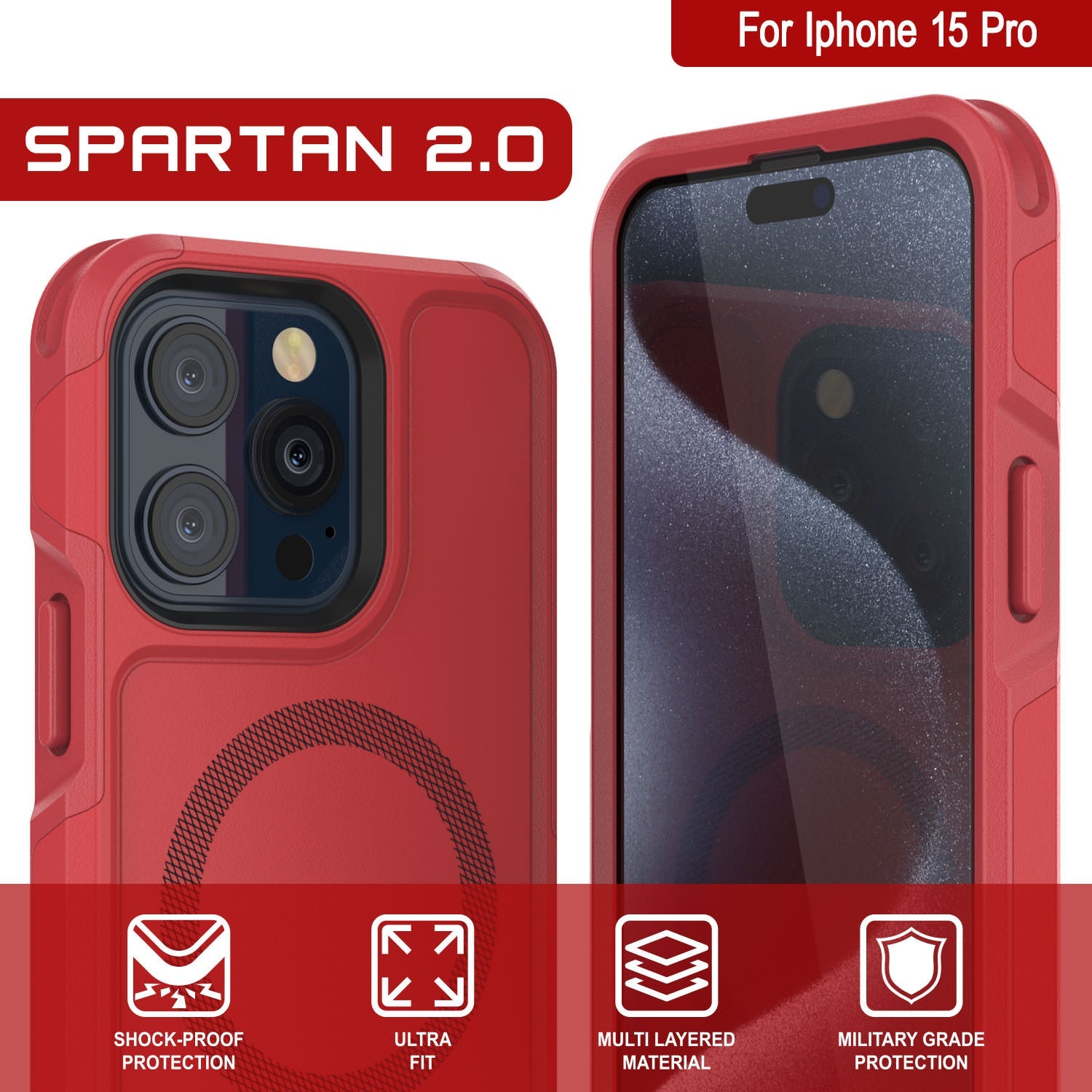 PunkCase iPhone 15 Pro Case, [Spartan 2.0 Series] Clear Rugged Heavy Duty Cover W/Built in Screen Protector [red]