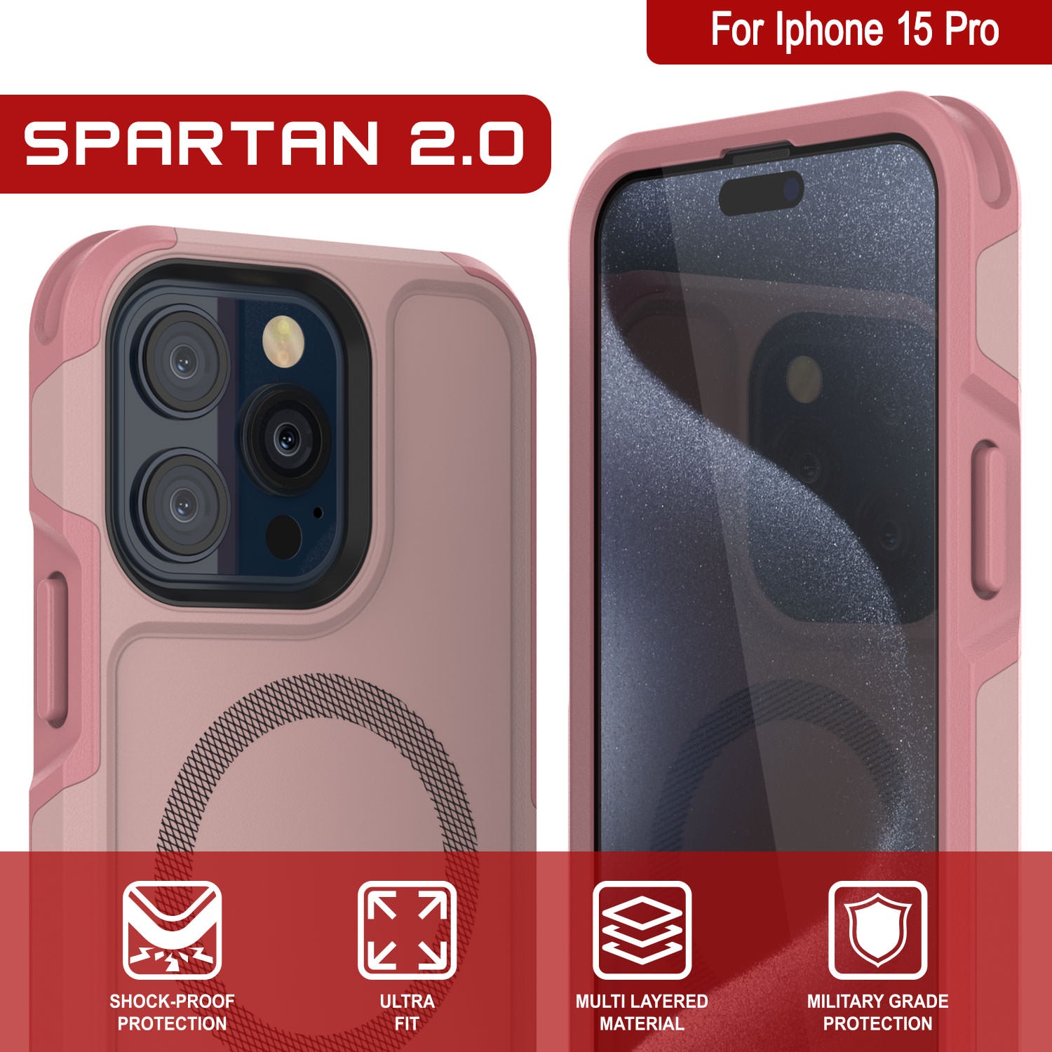 PunkCase iPhone 15 Pro Case, [Spartan 2.0 Series] Clear Rugged Heavy Duty Cover W/Built in Screen Protector [pink]