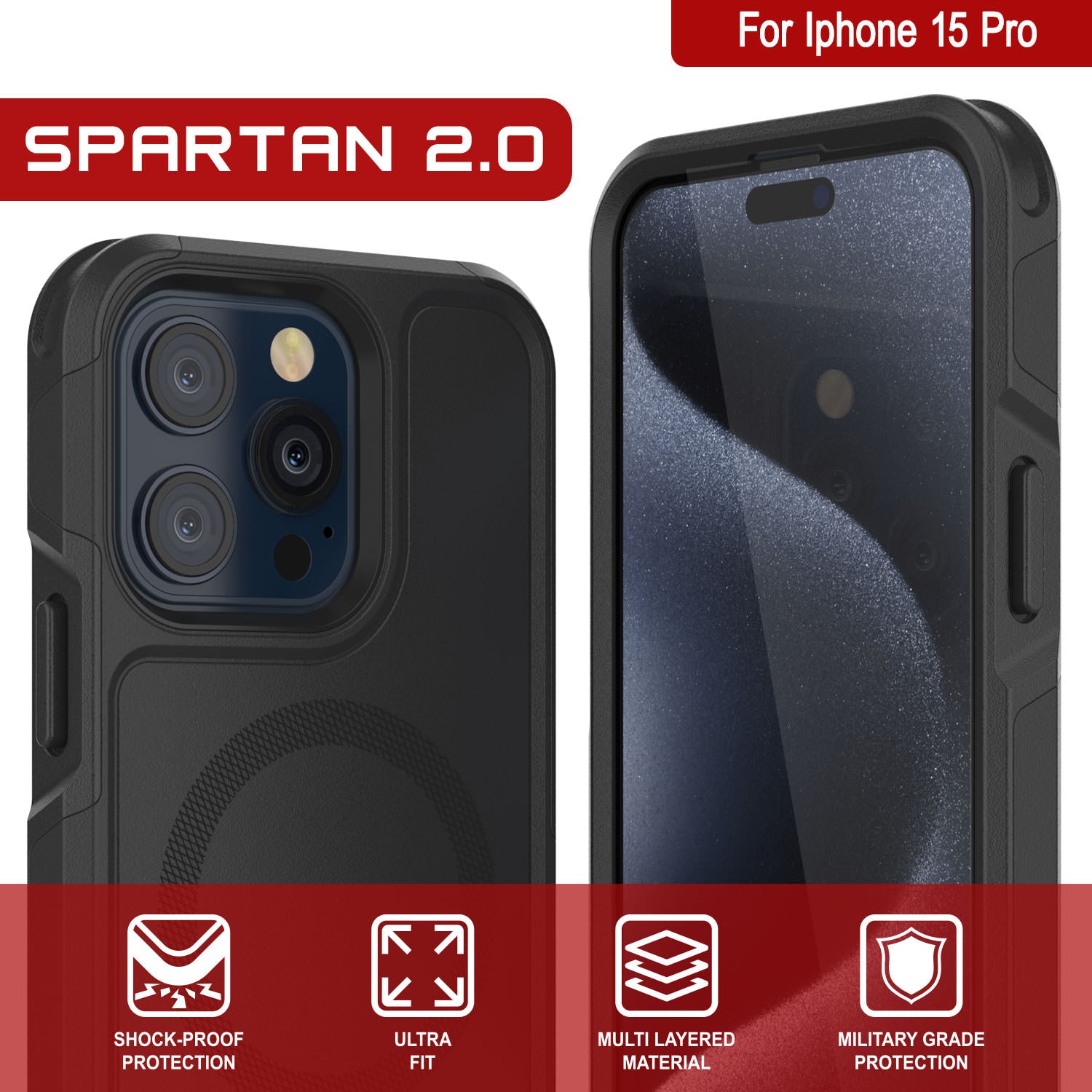 PunkCase iPhone 15 Pro Case, [Spartan 2.0 Series] Clear Rugged Heavy Duty Cover W/Built in Screen Protector [Black]