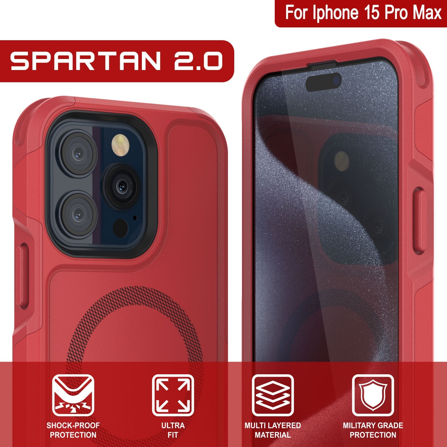 PunkCase iPhone 15 Pro Max Case, [Spartan 2.0 Series] Clear Rugged Heavy Duty Cover W/Built in Screen Protector [red]