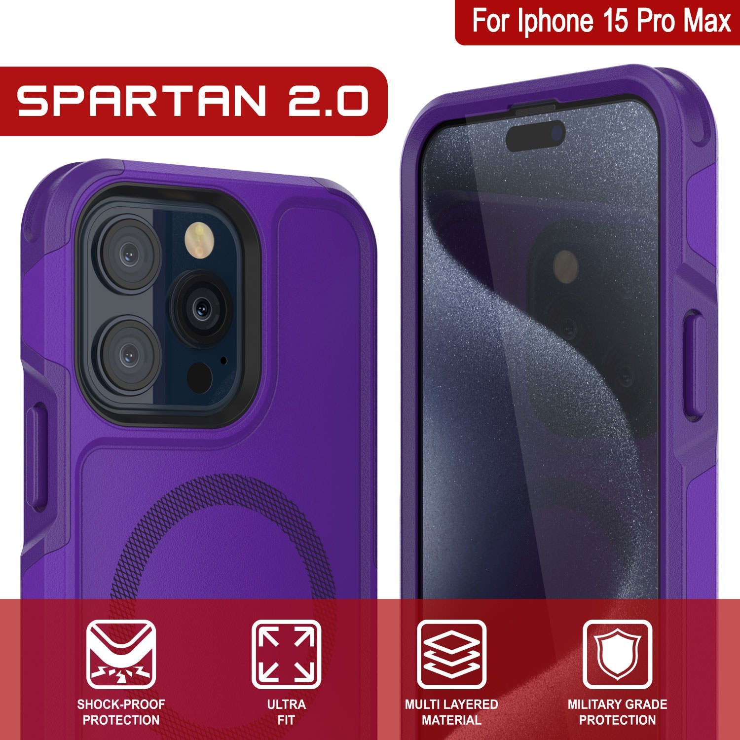 PunkCase iPhone 15 Pro Max Case, [Spartan 2.0 Series] Clear Rugged Heavy Duty Cover W/Built in Screen Protector [purple]