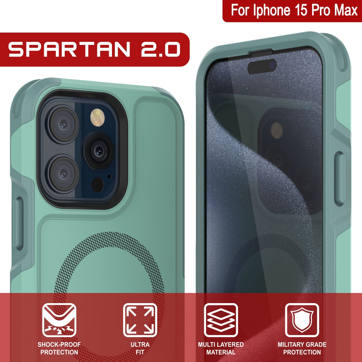 PunkCase iPhone 15 Pro Max Case, [Spartan 2.0 Series] Clear Rugged Heavy Duty Cover W/Built in Screen Protector [teal]