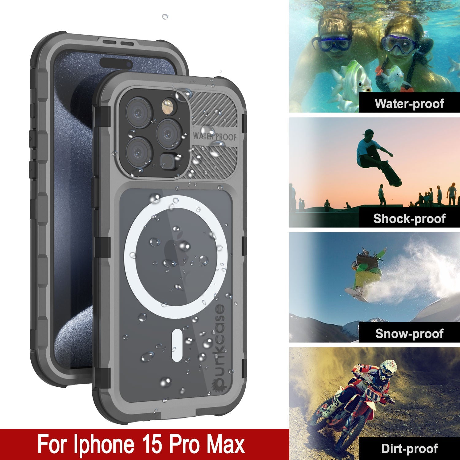 iPhone 15 Pro Max Metal Extreme 2.0 Series Aluminum Waterproof Case IP68 W/Buillt in Screen Protector [Silver]