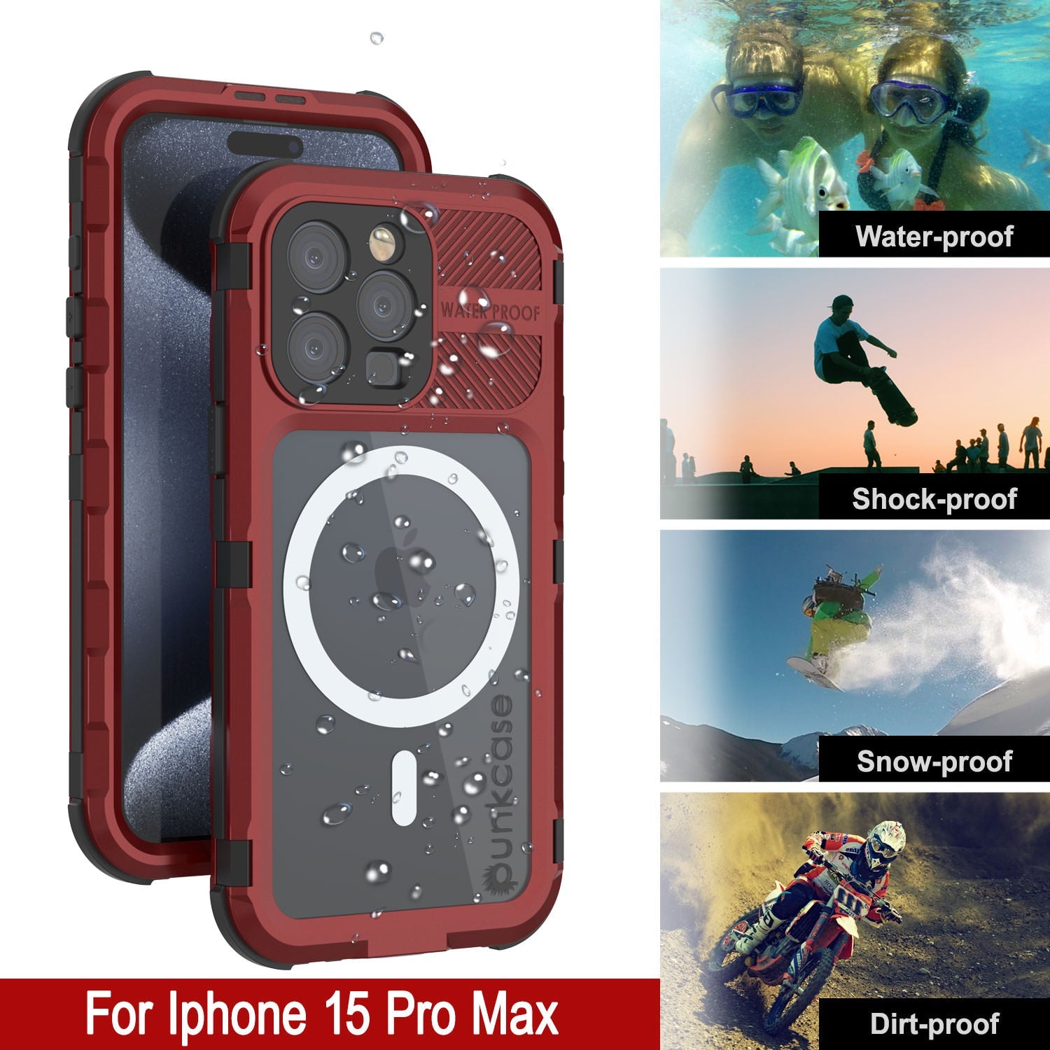 iPhone 15 Pro Max Metal Extreme 2.0 Series Aluminum Waterproof Case IP68 W/Buillt in Screen Protector [Red-Black]