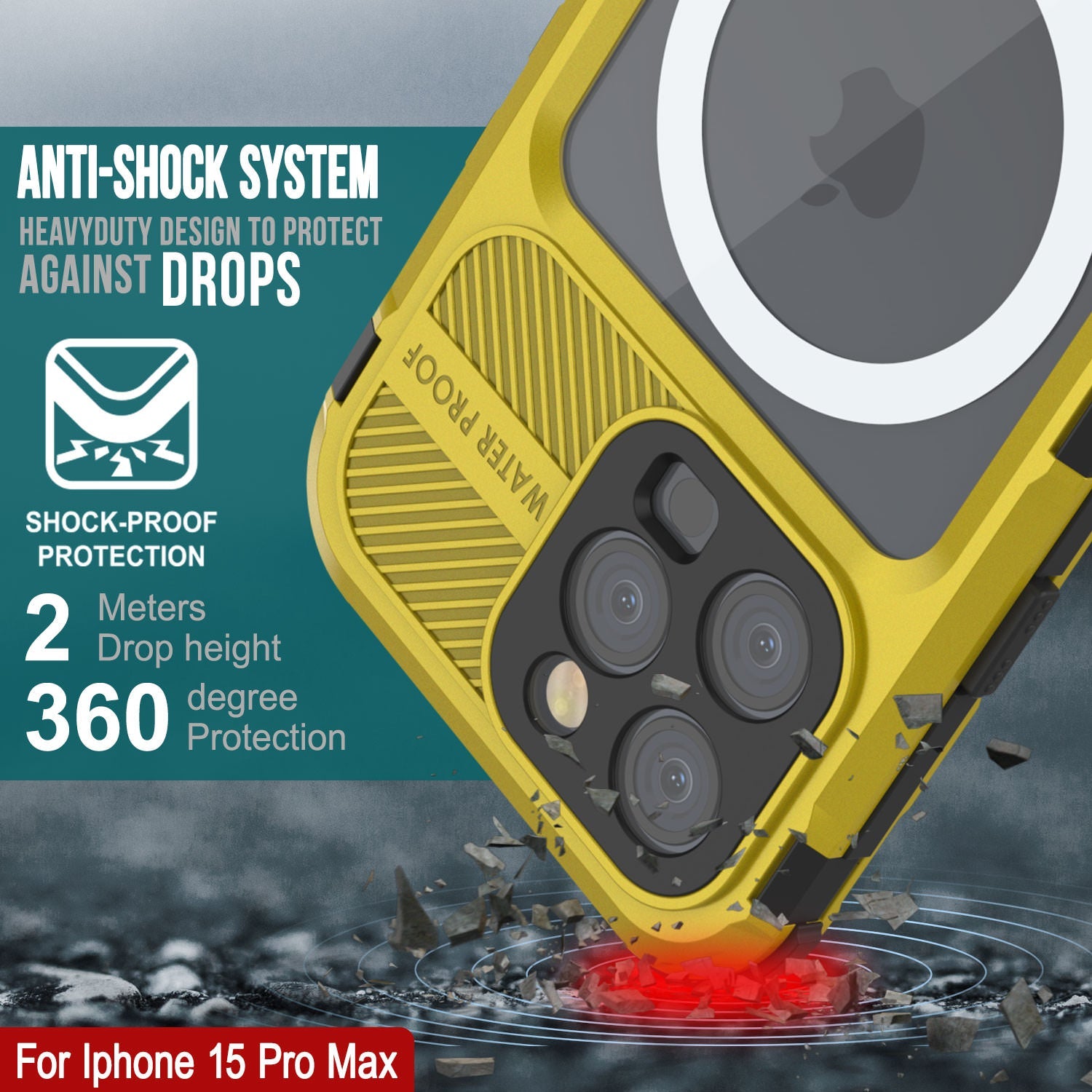 iPhone 15 Pro Max Metal Extreme 2.0 Series Aluminum Waterproof Case IP68 W/Buillt in Screen Protector [Yellow]