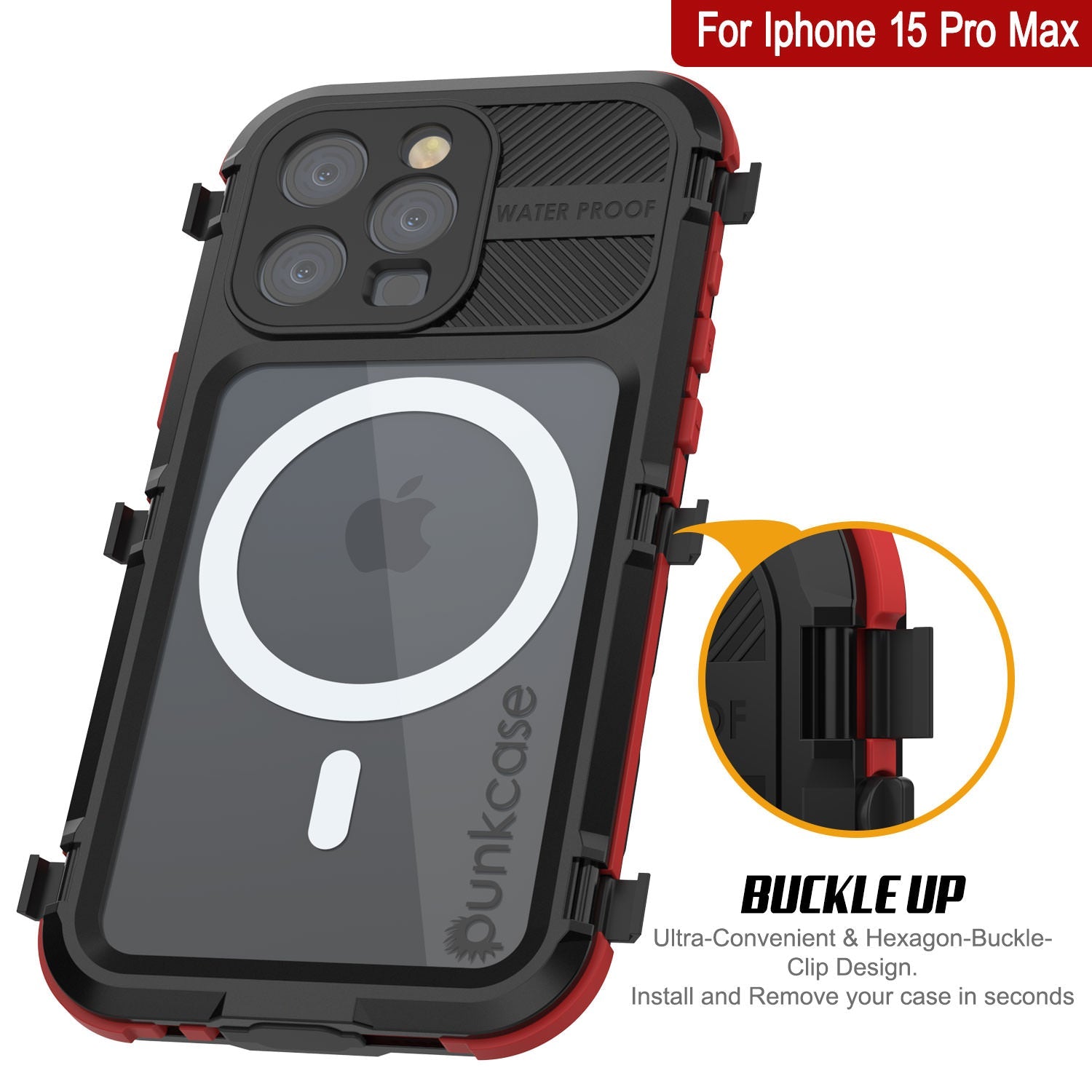 iPhone 15 Pro Max Metal Extreme 2.0 Series Aluminum Waterproof Case IP68 W/Buillt in Screen Protector [Black-Red]