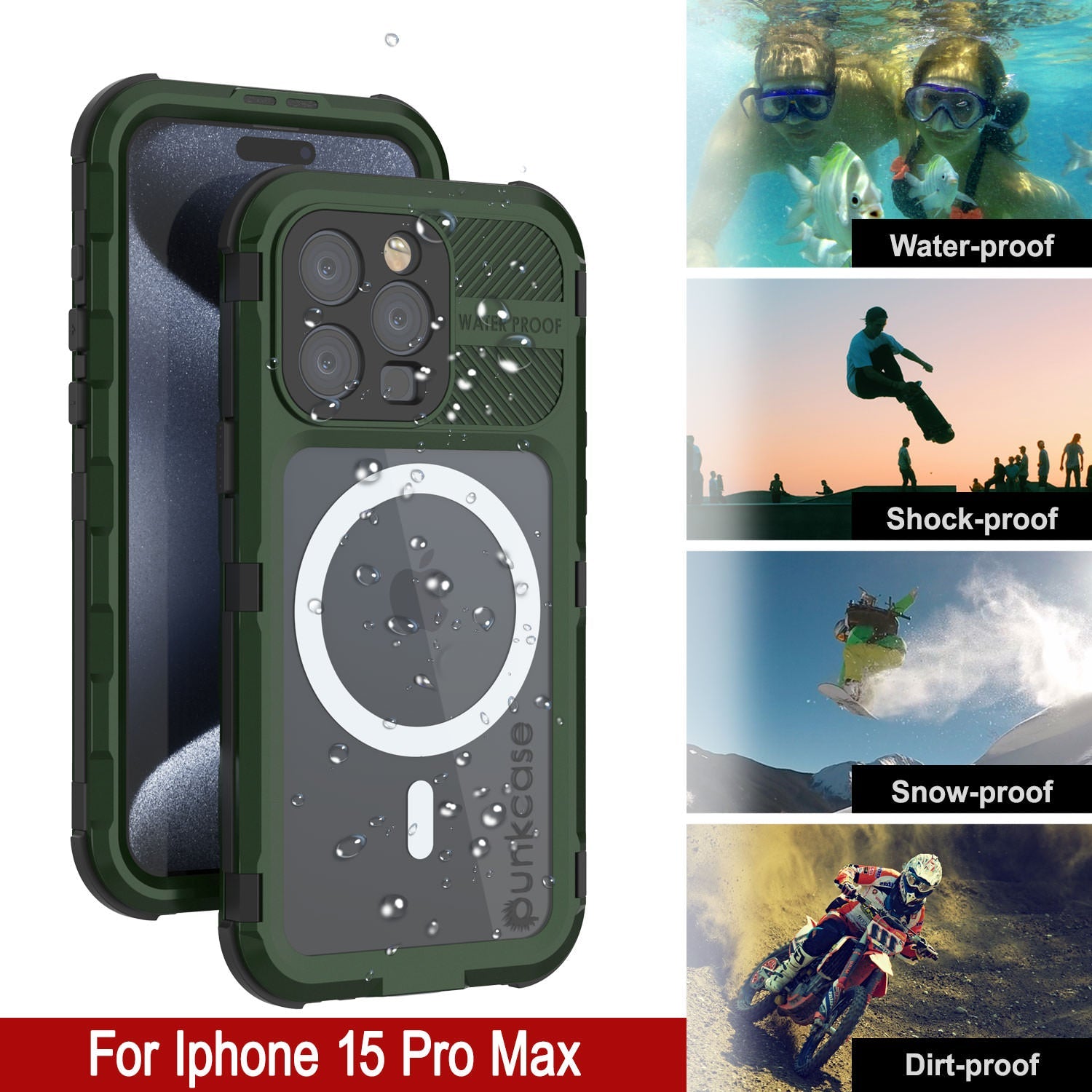 iPhone 15 Pro Max Metal Extreme 2.0 Series Aluminum Waterproof Case IP68 W/Buillt in Screen Protector [Dark Green]