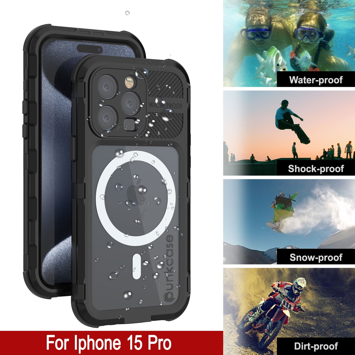 iPhone 15 Pro Metal Extreme 2.0 Series Aluminum Waterproof Case IP68 W/Buillt in Screen Protector [Black]