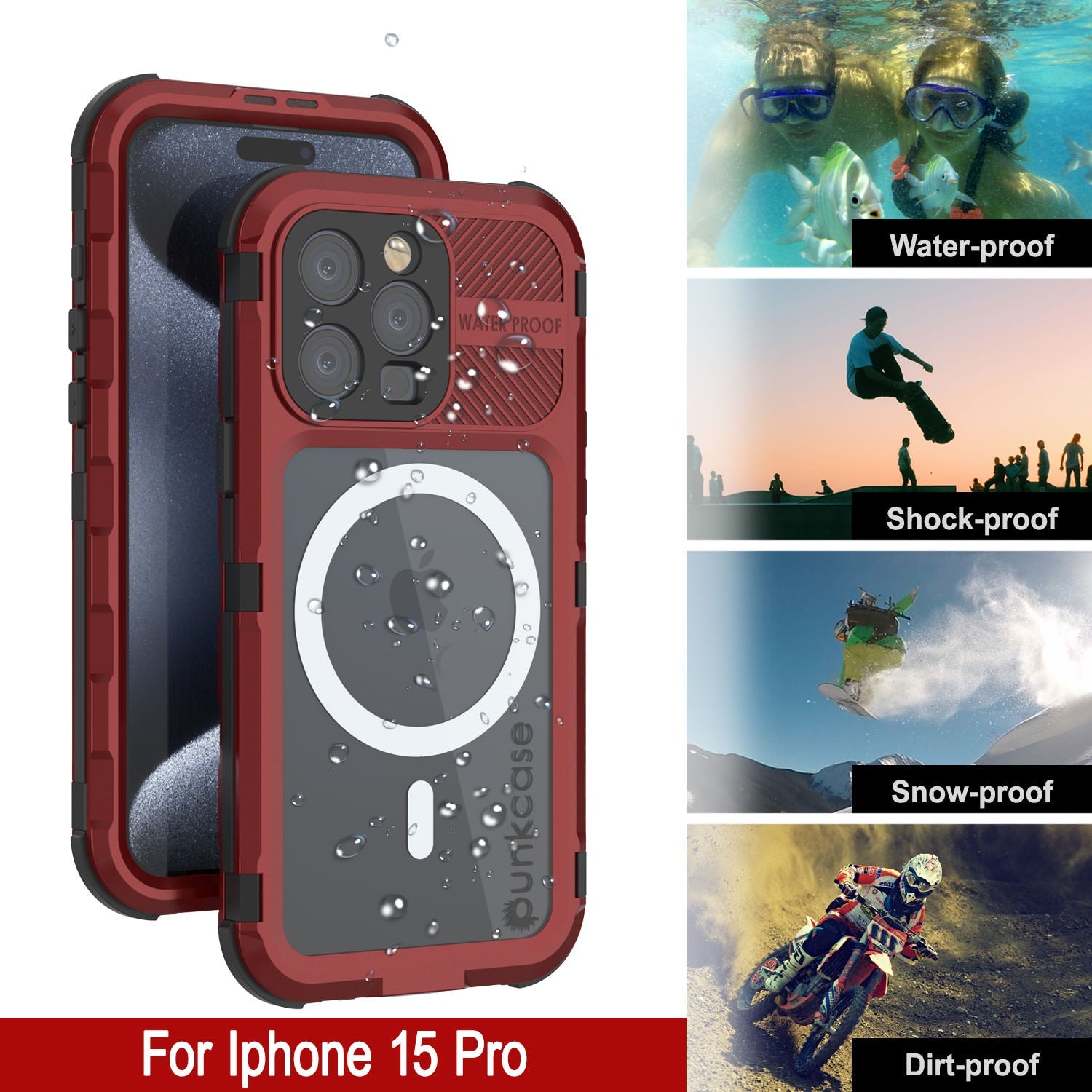 iPhone 15 Pro Metal Extreme 2.0 Series Aluminum Waterproof Case IP68 W/Buillt in Screen Protector [Red-Black]