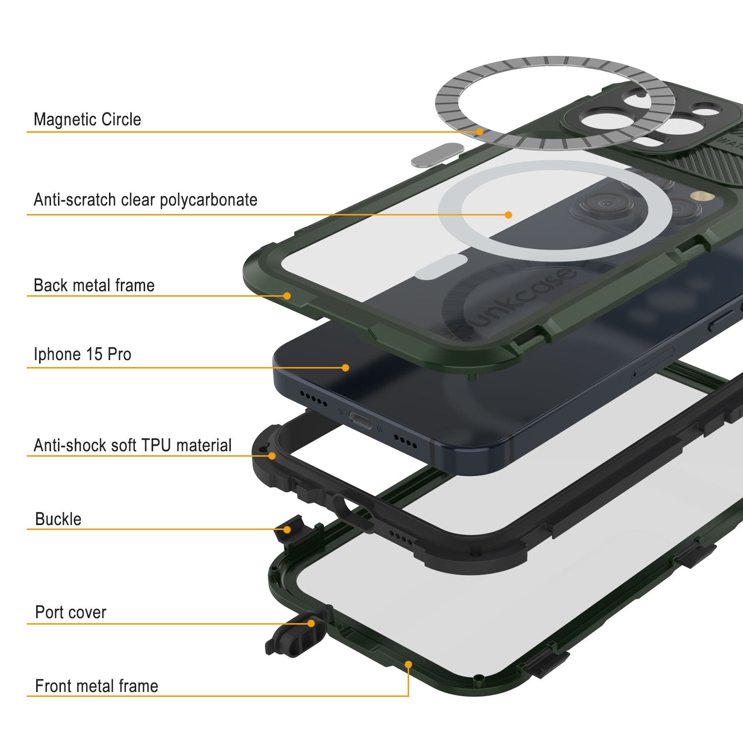 iPhone 15 Pro Metal Extreme 2.0 Series Aluminum Waterproof Case IP68 W/Buillt in Screen Protector [Dark-Green]