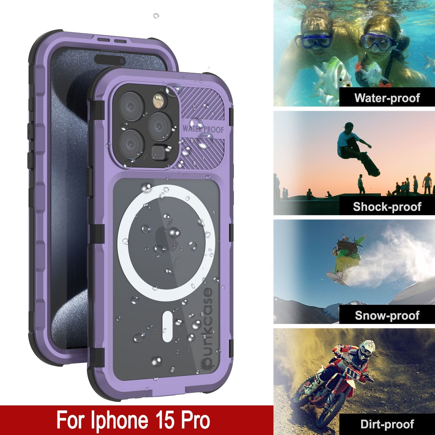 iPhone 15 Pro Metal Extreme 2.0 Series Aluminum Waterproof Case IP68 W/Buillt in Screen Protector [Purple]