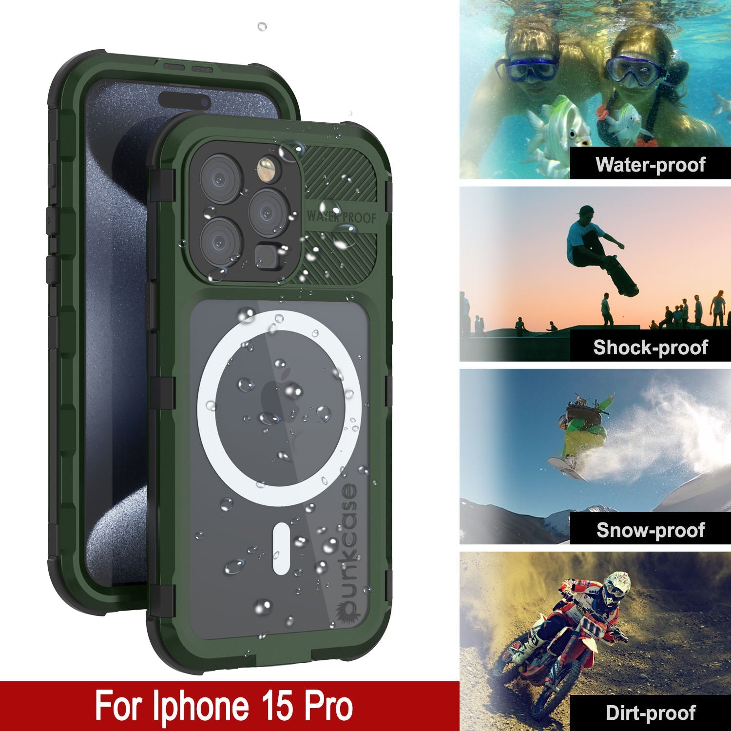 iPhone 15 Pro Metal Extreme 2.0 Series Aluminum Waterproof Case IP68 W/Buillt in Screen Protector [Dark-Green]