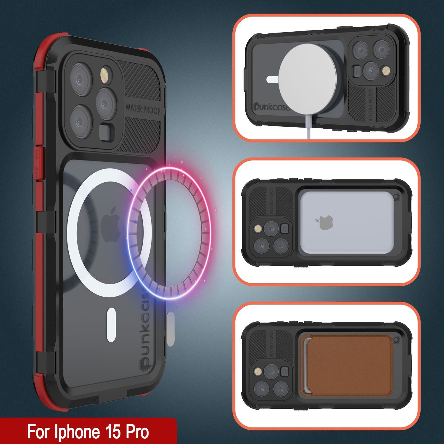 iPhone 15 Pro Metal Extreme 2.0 Series Aluminum Waterproof Case IP68 W/Buillt in Screen Protector [Black-Red]