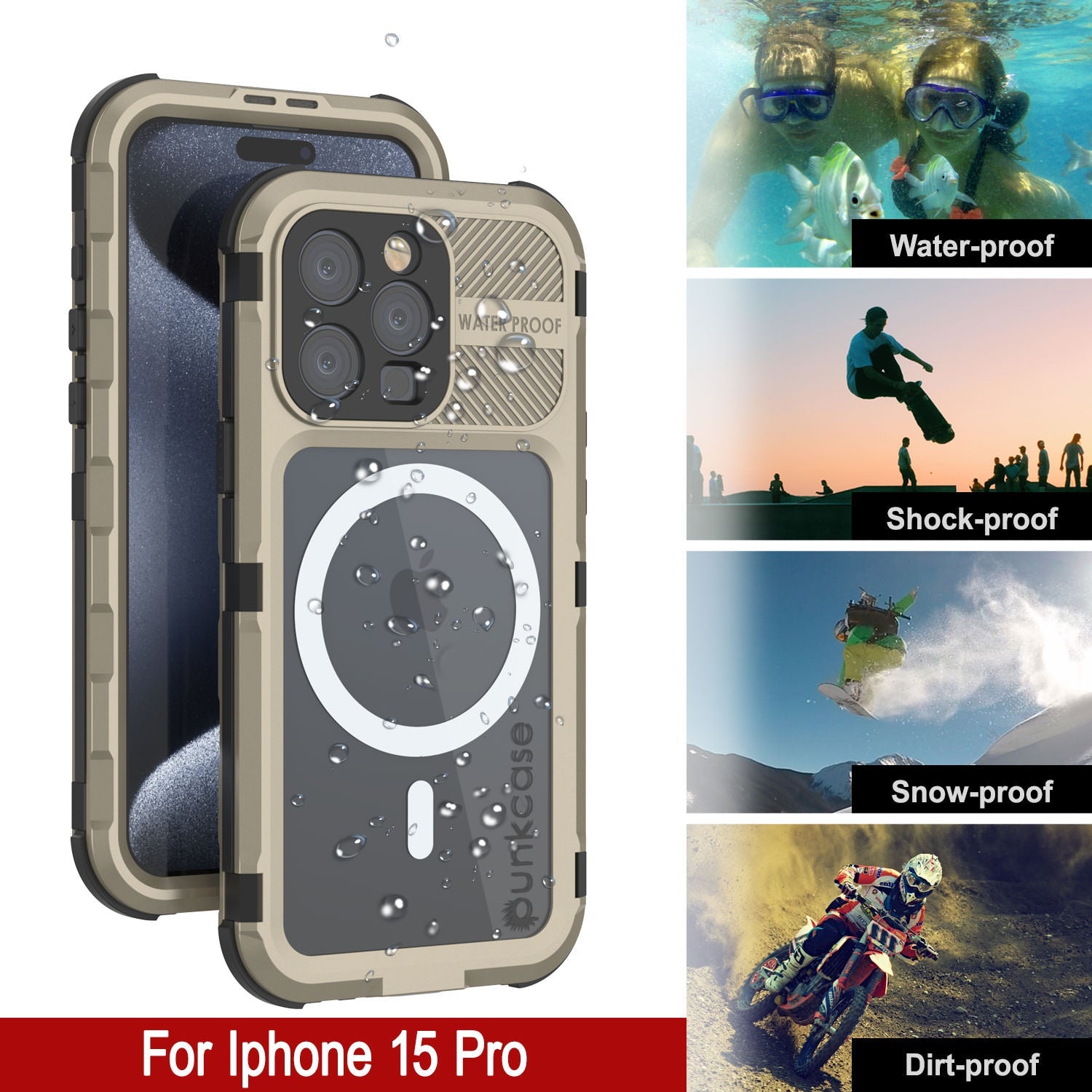 iPhone 15 Pro Metal Extreme 2.0 Series Aluminum Waterproof Case IP68 W/Buillt in Screen Protector [Gold]