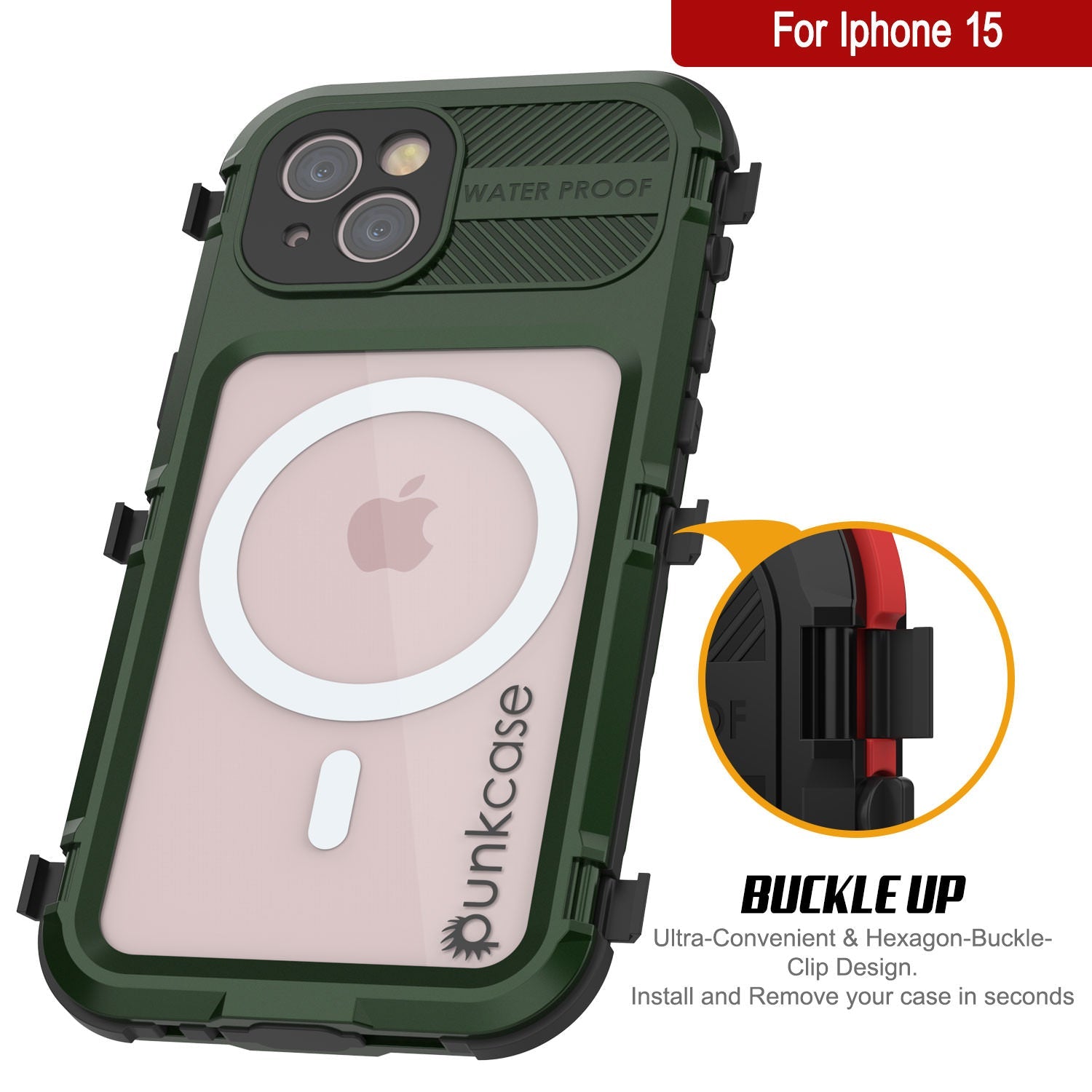 iPhone 15 Metal Extreme 2.0 Series Aluminum Waterproof Case IP68 W/Buillt in Screen Protector [Dark-Green]