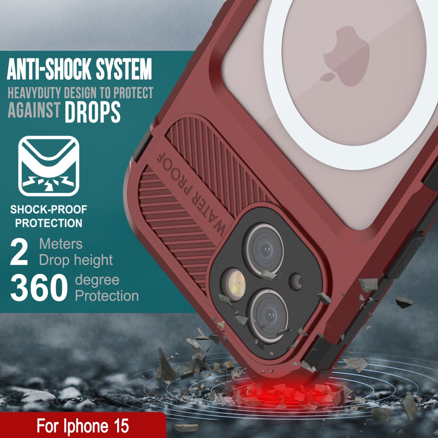 iPhone 15 Metal Extreme 2.0 Series Aluminum Waterproof Case IP68 W/Buillt in Screen Protector [Red-Black]