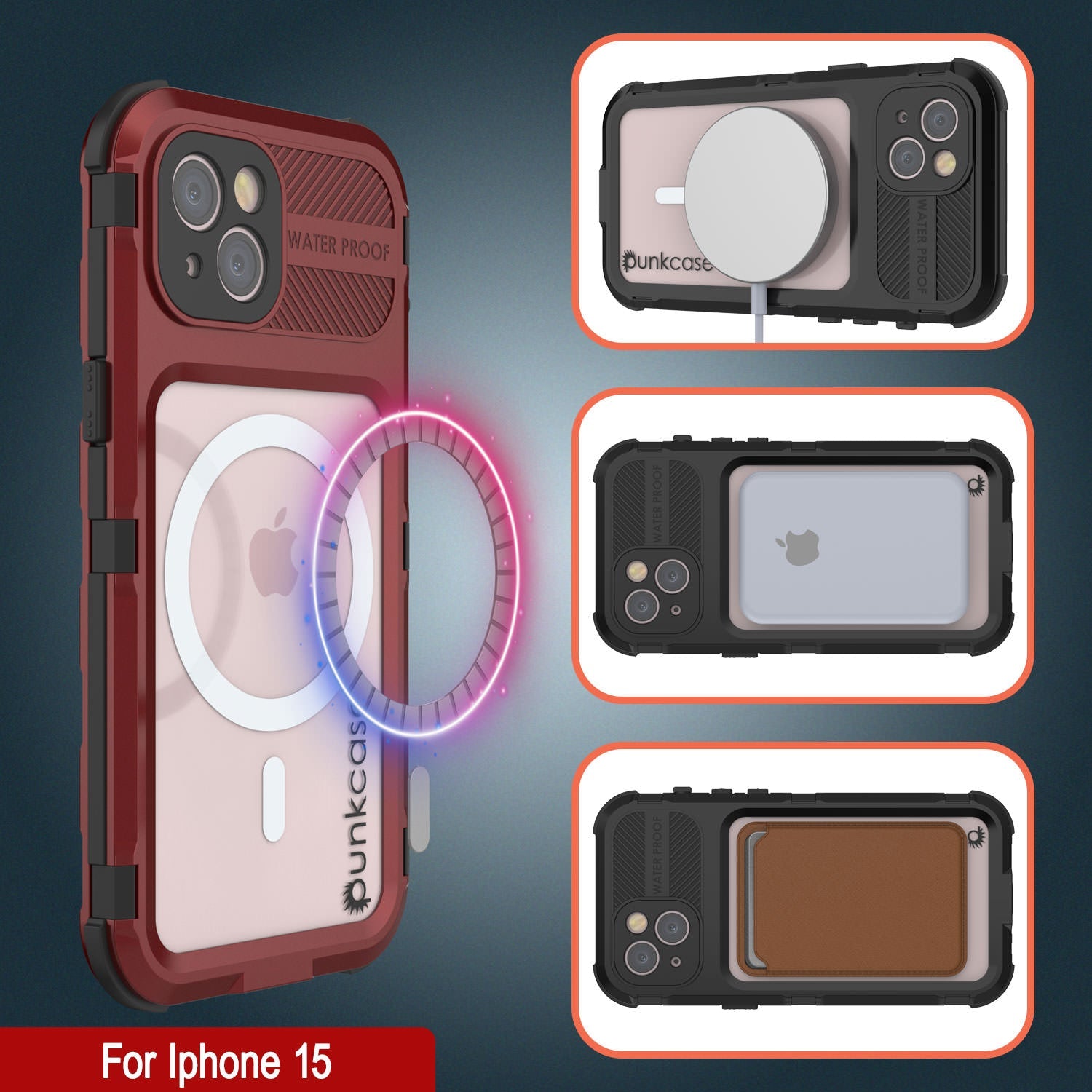 iPhone 15 Metal Extreme 2.0 Series Aluminum Waterproof Case IP68 W/Buillt in Screen Protector [Red-Black]