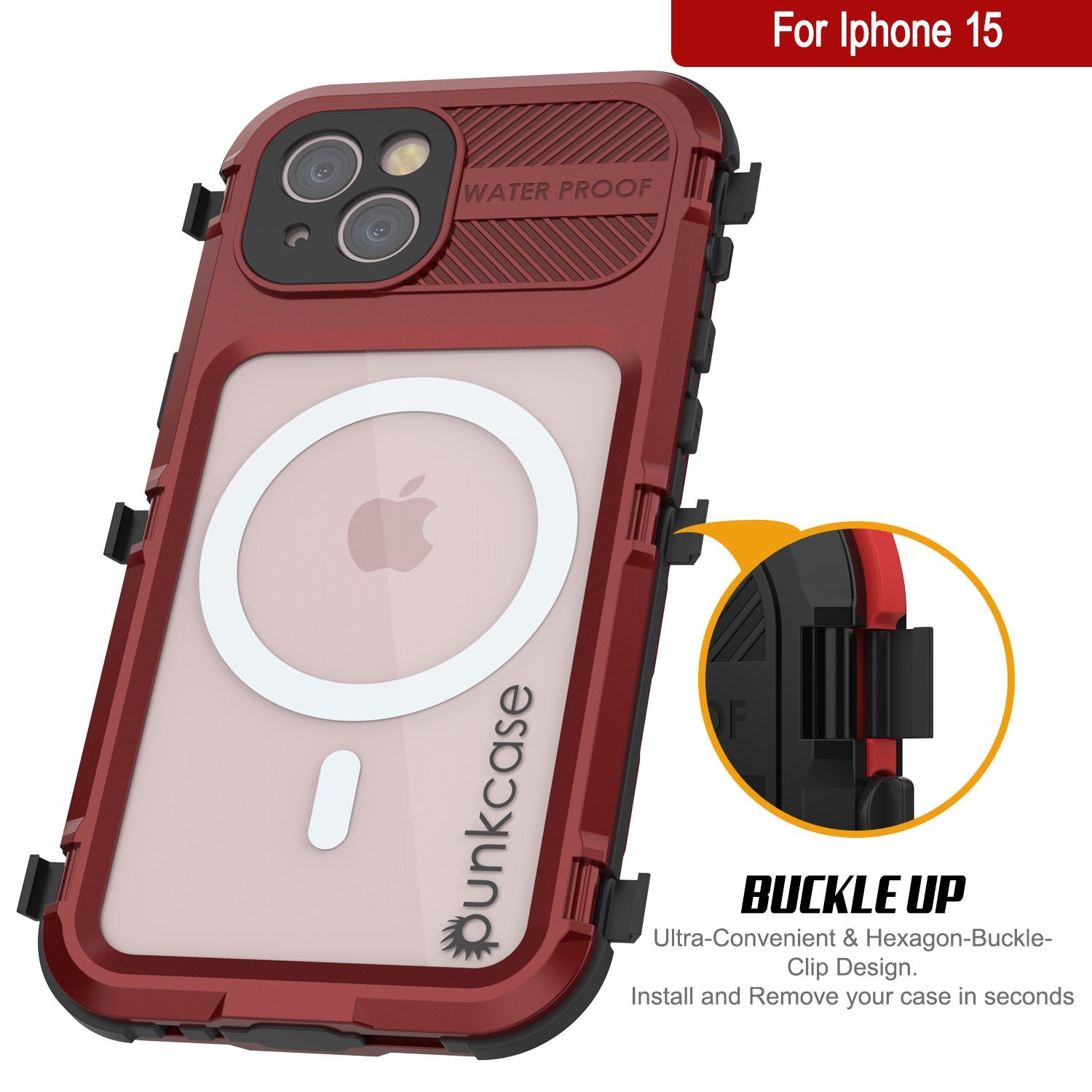 iPhone 15 Metal Extreme 2.0 Series Aluminum Waterproof Case IP68 W/Buillt in Screen Protector [Red-Black]