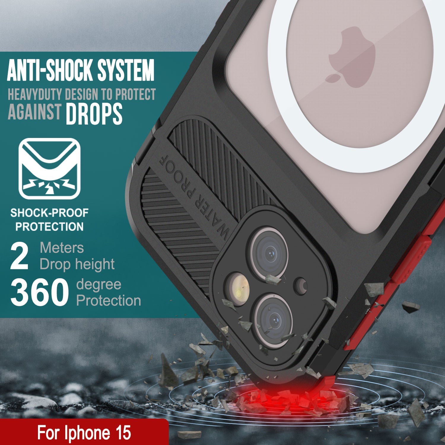 iPhone 15 Metal Extreme 2.0 Series Aluminum Waterproof Case IP68 W/Buillt in Screen Protector [Black-Red]