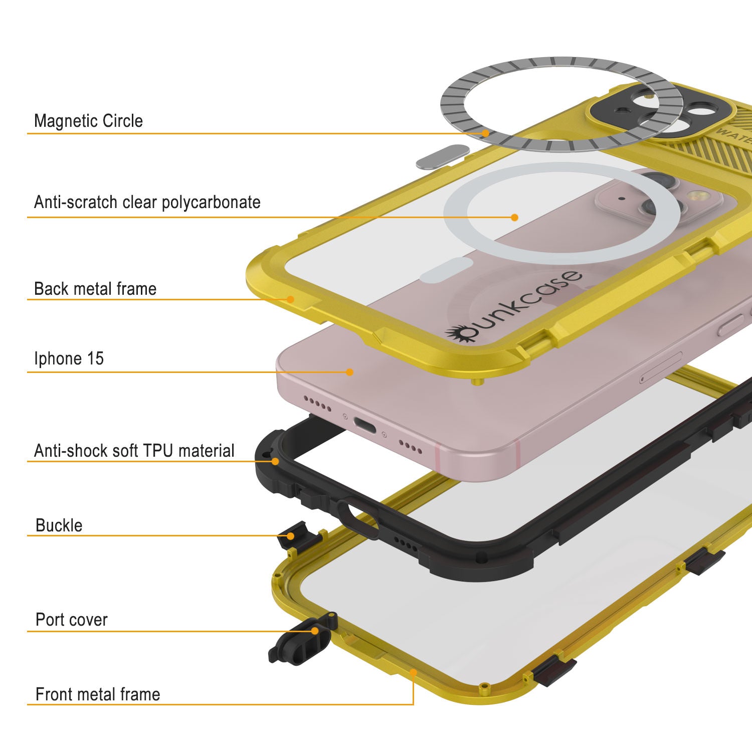 iPhone 15 Metal Extreme 2.0 Series Aluminum Waterproof Case IP68 W/Buillt in Screen Protector [Yellow]