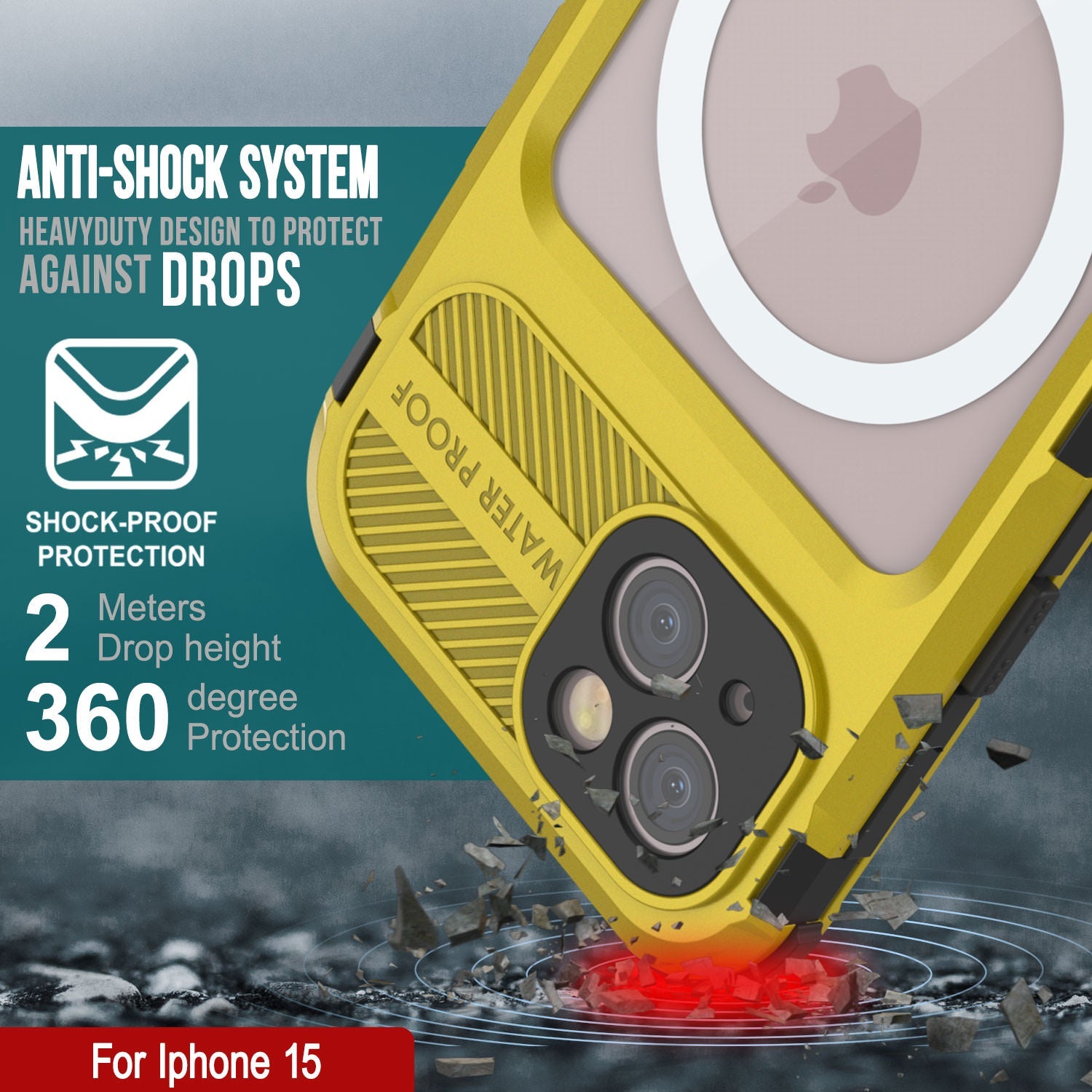 iPhone 15 Metal Extreme 2.0 Series Aluminum Waterproof Case IP68 W/Buillt in Screen Protector [Yellow]