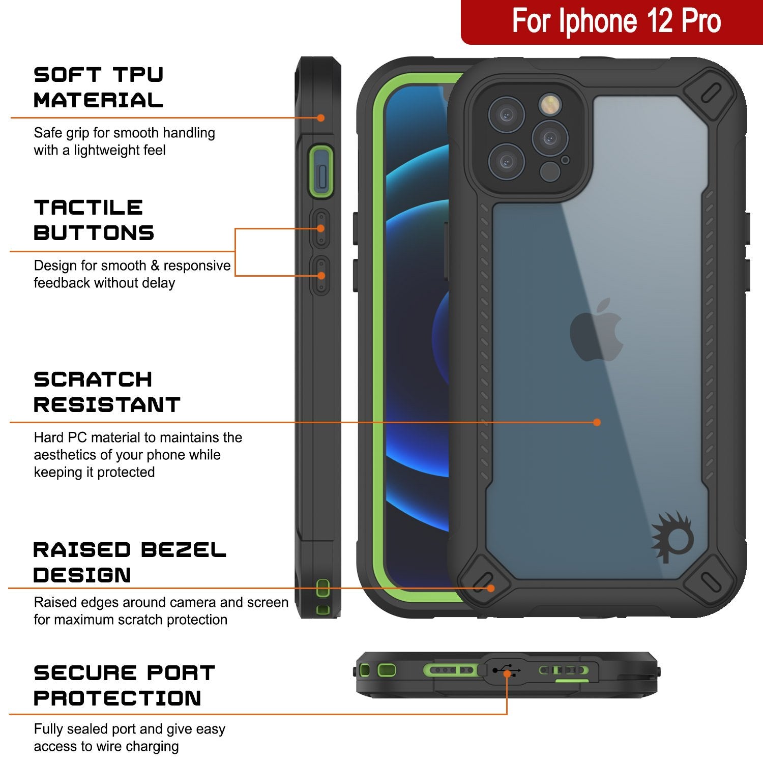 iPhone 12 Pro Waterproof IP68 Case, Punkcase [Green]  [Maximus Series] [Slim Fit] [IP68 Certified] [Shockresistant] Clear Armor Cover with Screen Protector | Ultimate Protection