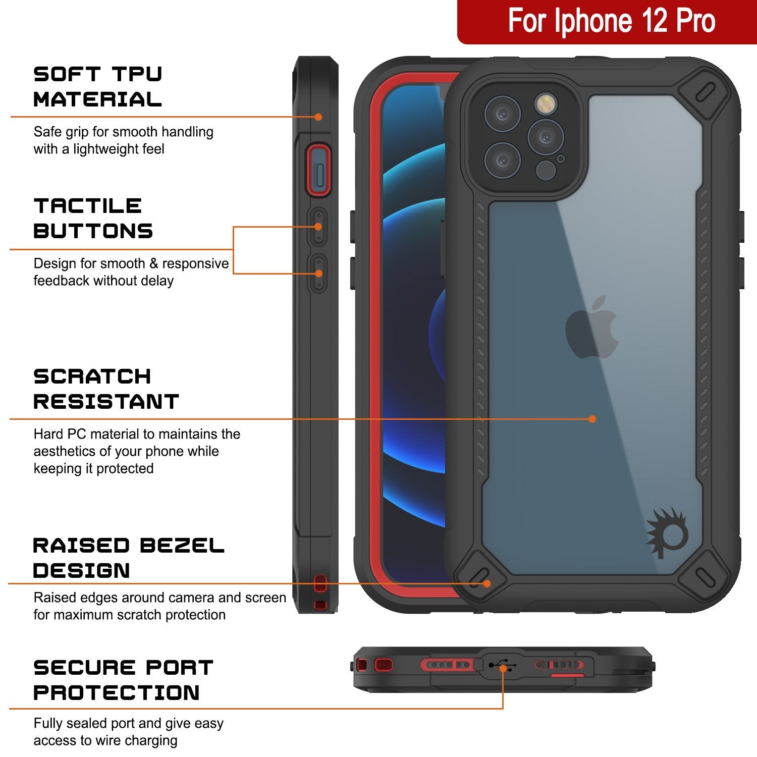 iPhone 12 Pro Waterproof IP68 Case, Punkcase [red]  [Maximus Series] [Slim Fit] [IP68 Certified] [Shockresistant] Clear Armor Cover with Screen Protector | Ultimate Protection