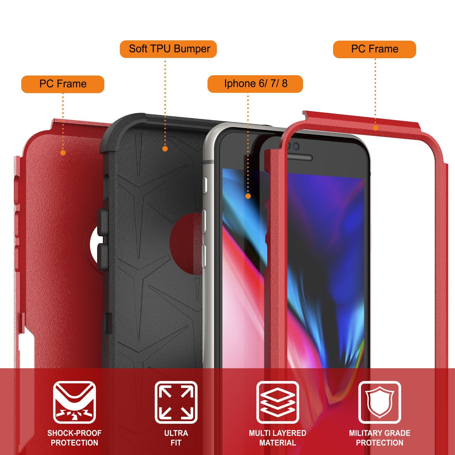 Punkcase for iPhone 8 Belt Clip Multilayer Holster Case [Patron Series] [Red-Black]