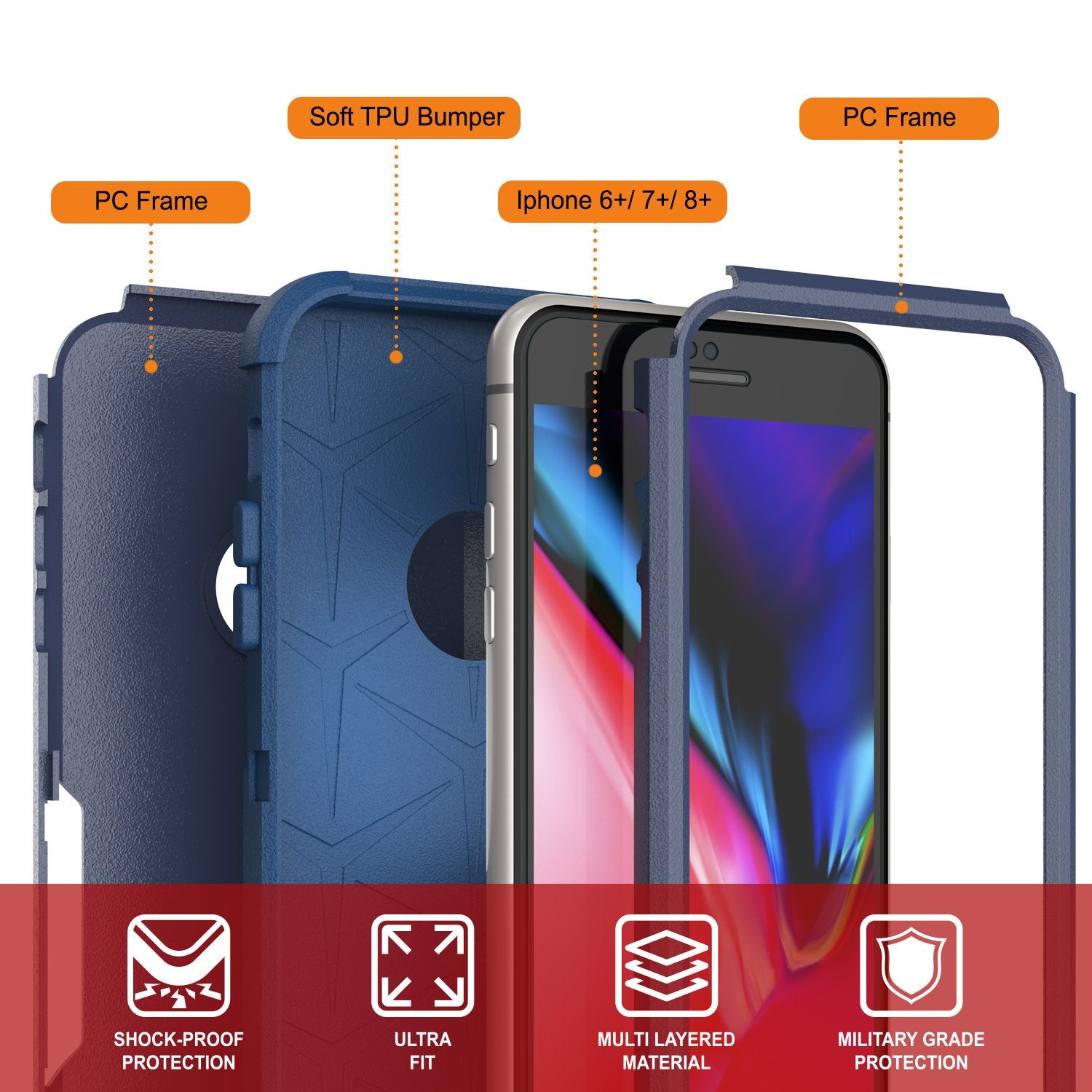 Punkcase for iPhone 8+ Plus Belt Clip Multilayer Holster Case [Patron Series] [Navy]