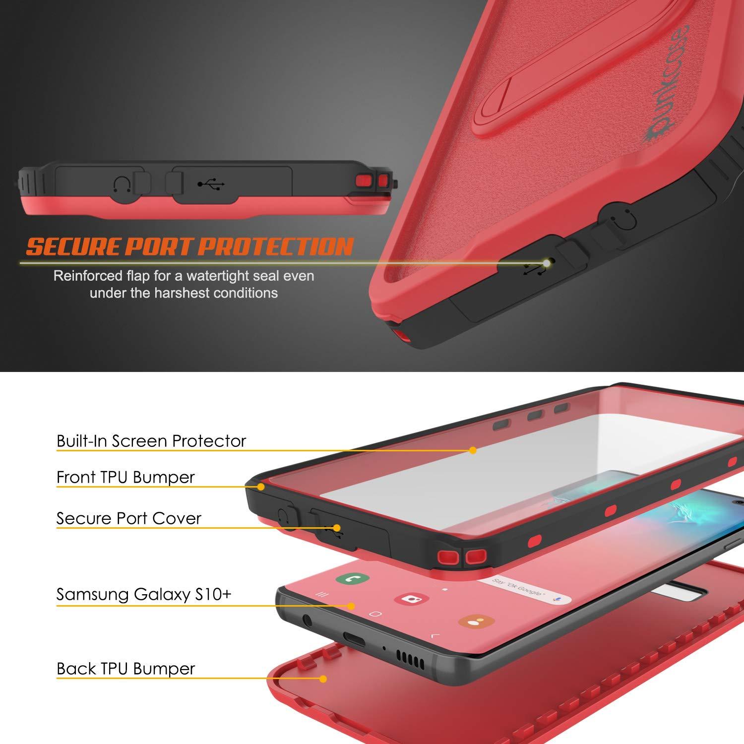 Galaxy S10+ Plus Waterproof Case, Punkcase [KickStud Series] Armor Cover [Red]