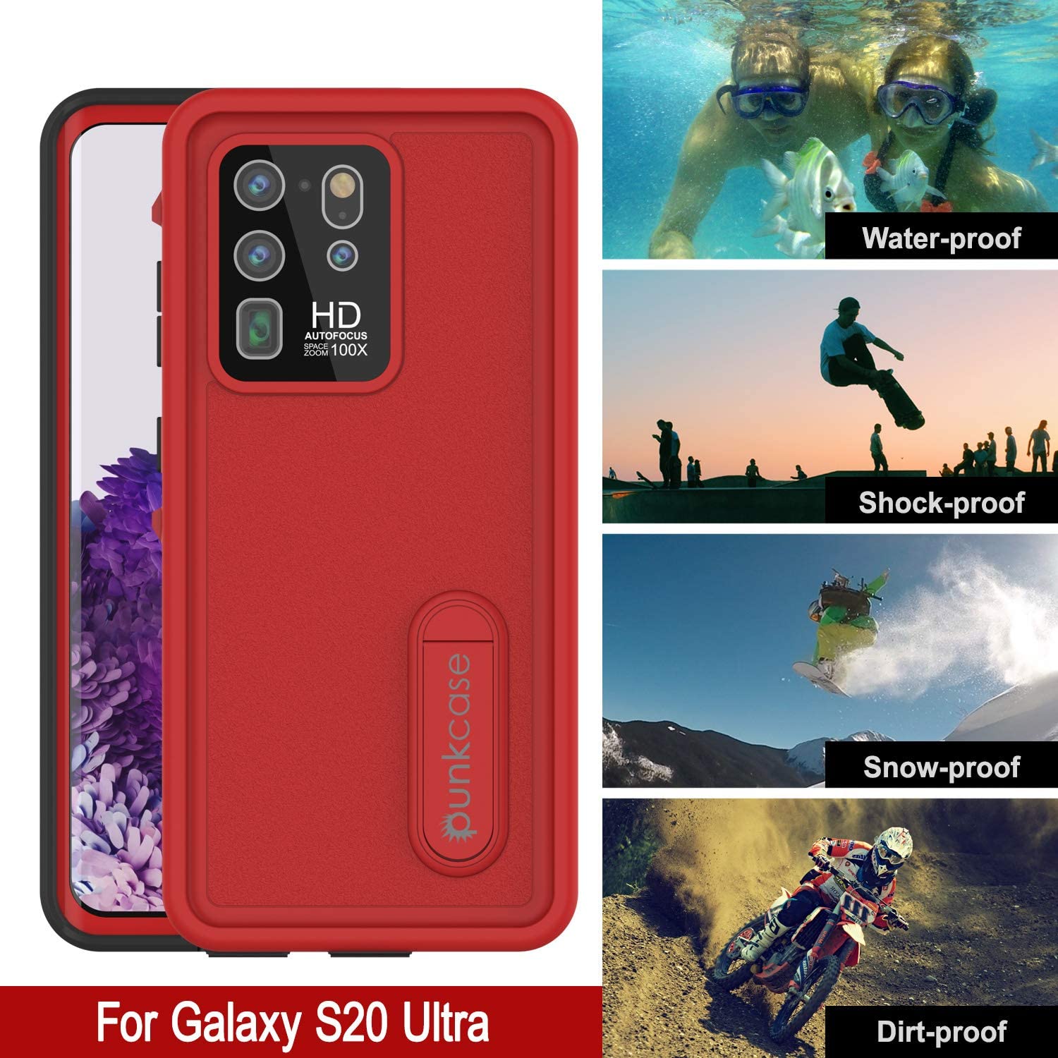 Galaxy S20 Ultra Waterproof Case, Punkcase [KickStud Series] Armor Cover [Red]