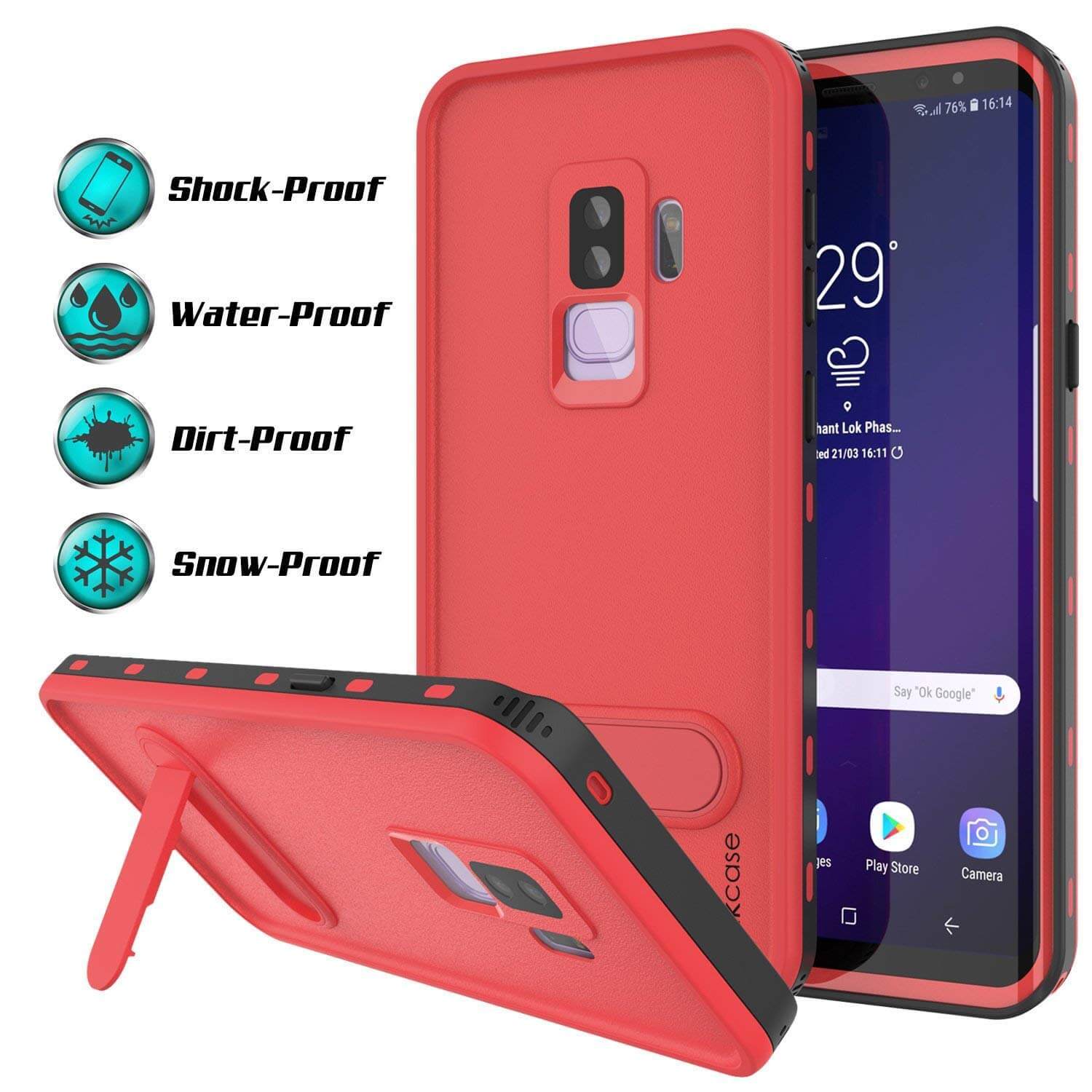 Galaxy S9 Plus Waterproof Case, Punkcase [KickStud Series] Armor Cover [RED]