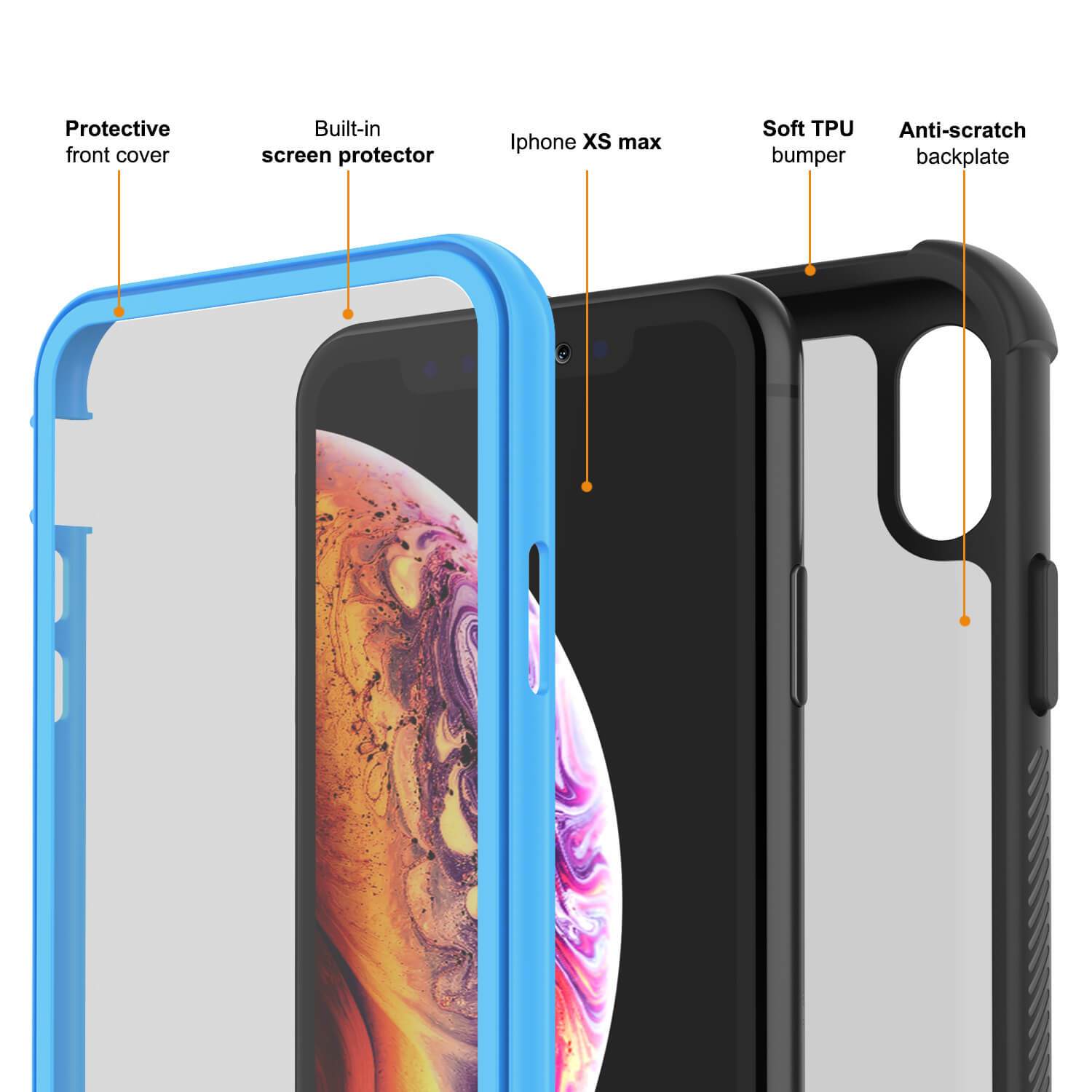PunkCase iPhone XS Max Case, [Spartan Series] Clear Rugged Heavy Duty Cover W/Built in Screen Protector [Light-Blue]