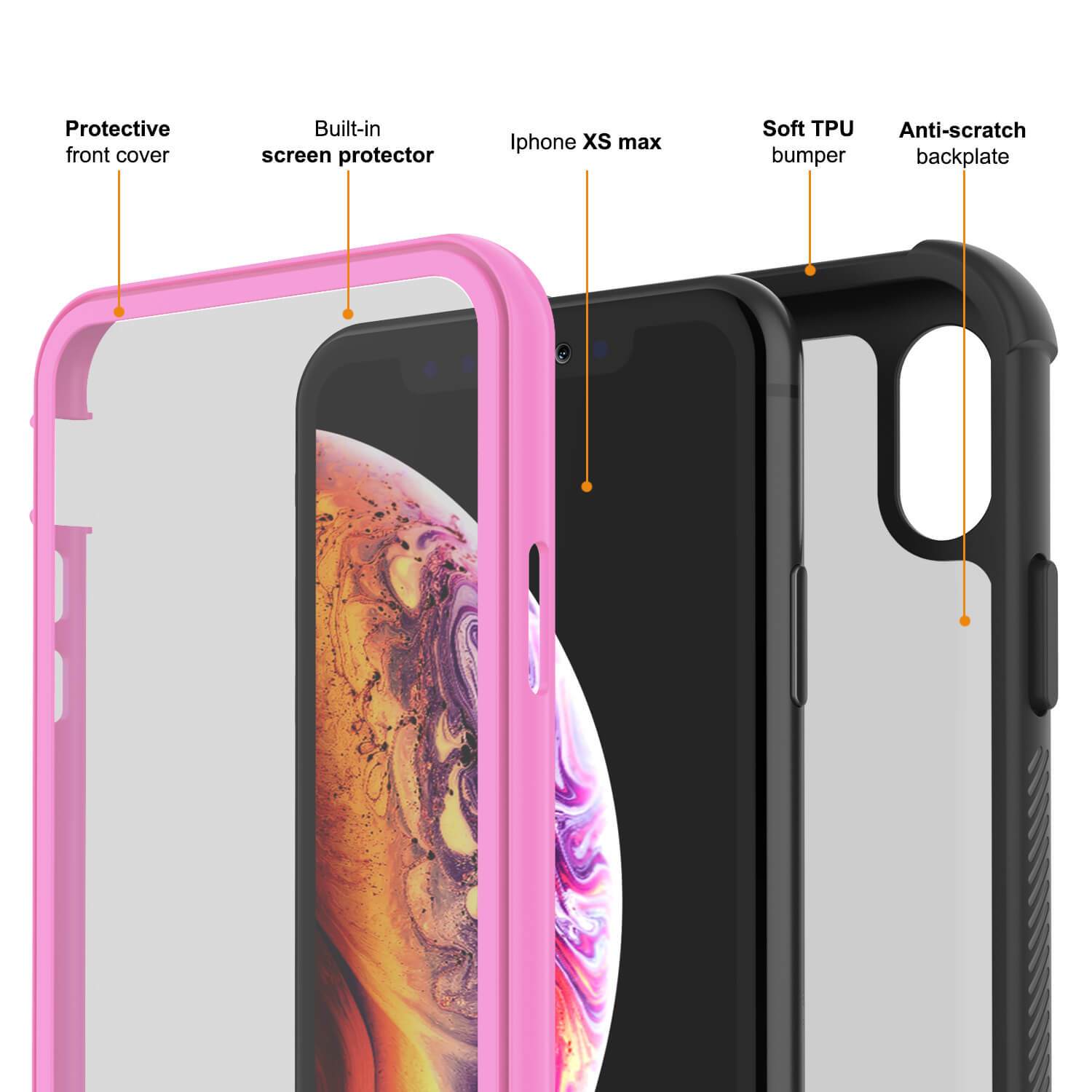 PunkCase iPhone XS Max Case, [Spartan Series] Clear Rugged Heavy Duty Cover W/Built in Screen Protector [Pink]