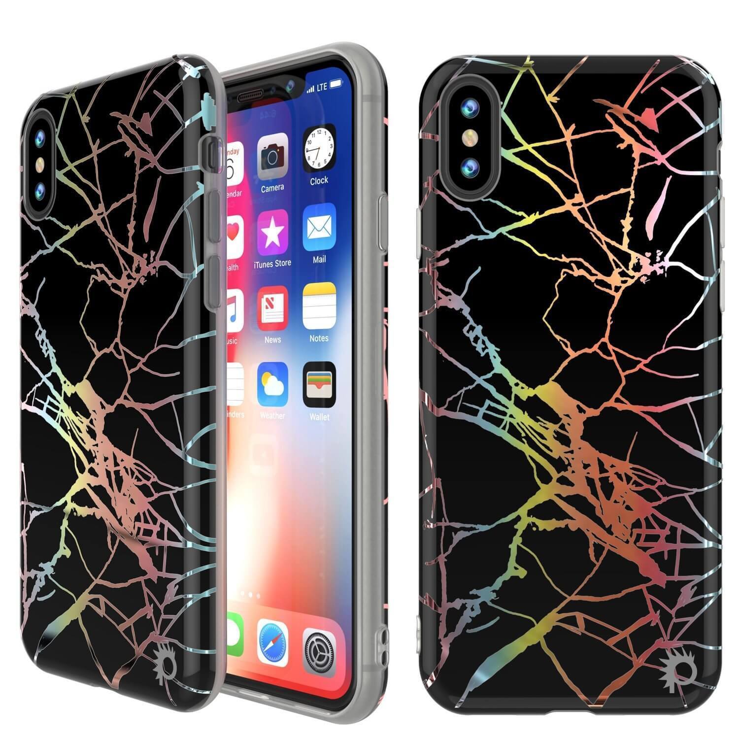 Punkcase iPhone XS Max Marble Case, Protective Full Body Cover W/9H Tempered Glass Screen Protector (Black Mirage)