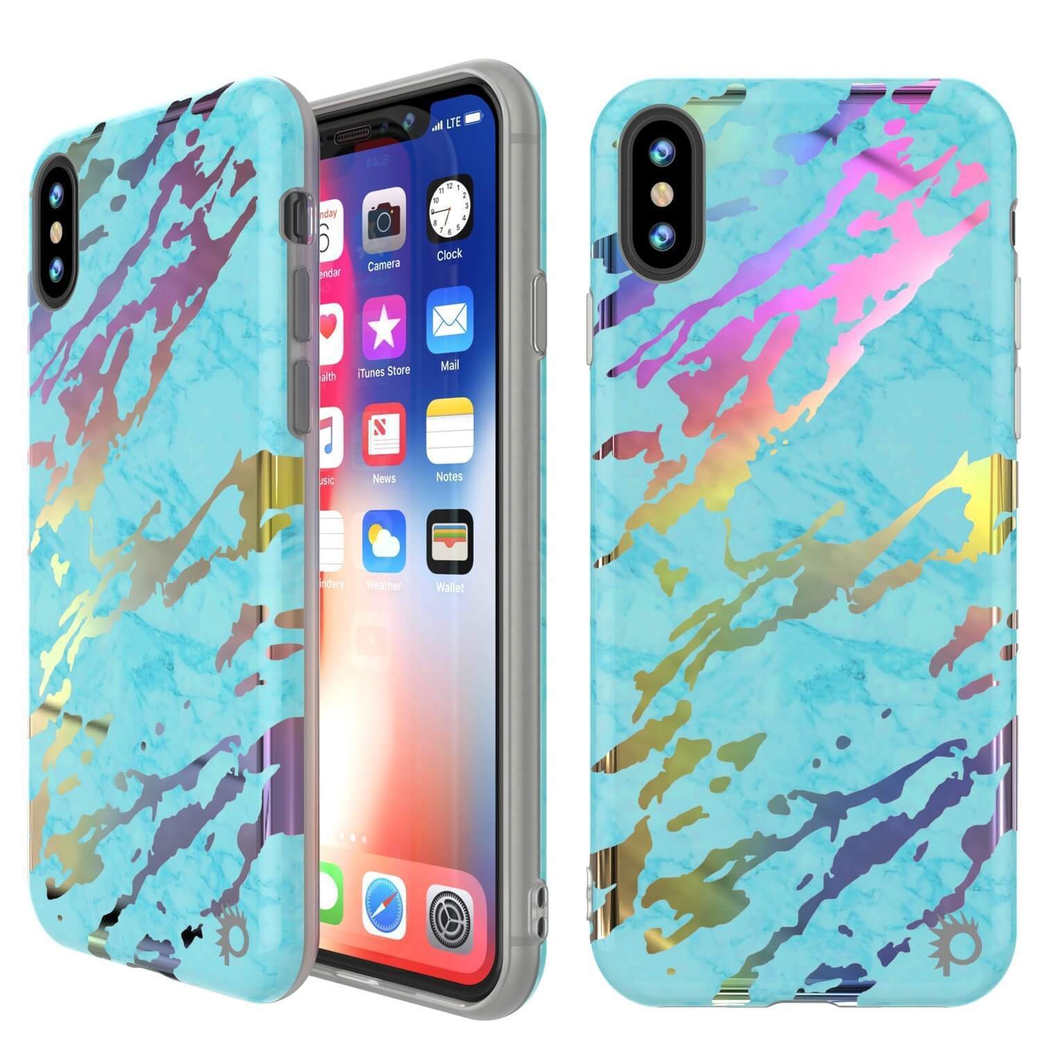 Punkcase iPhone XS Max Marble Case, Protective Full Body Cover W/9H Tempered Glass Screen Protector (Teal Onyx)