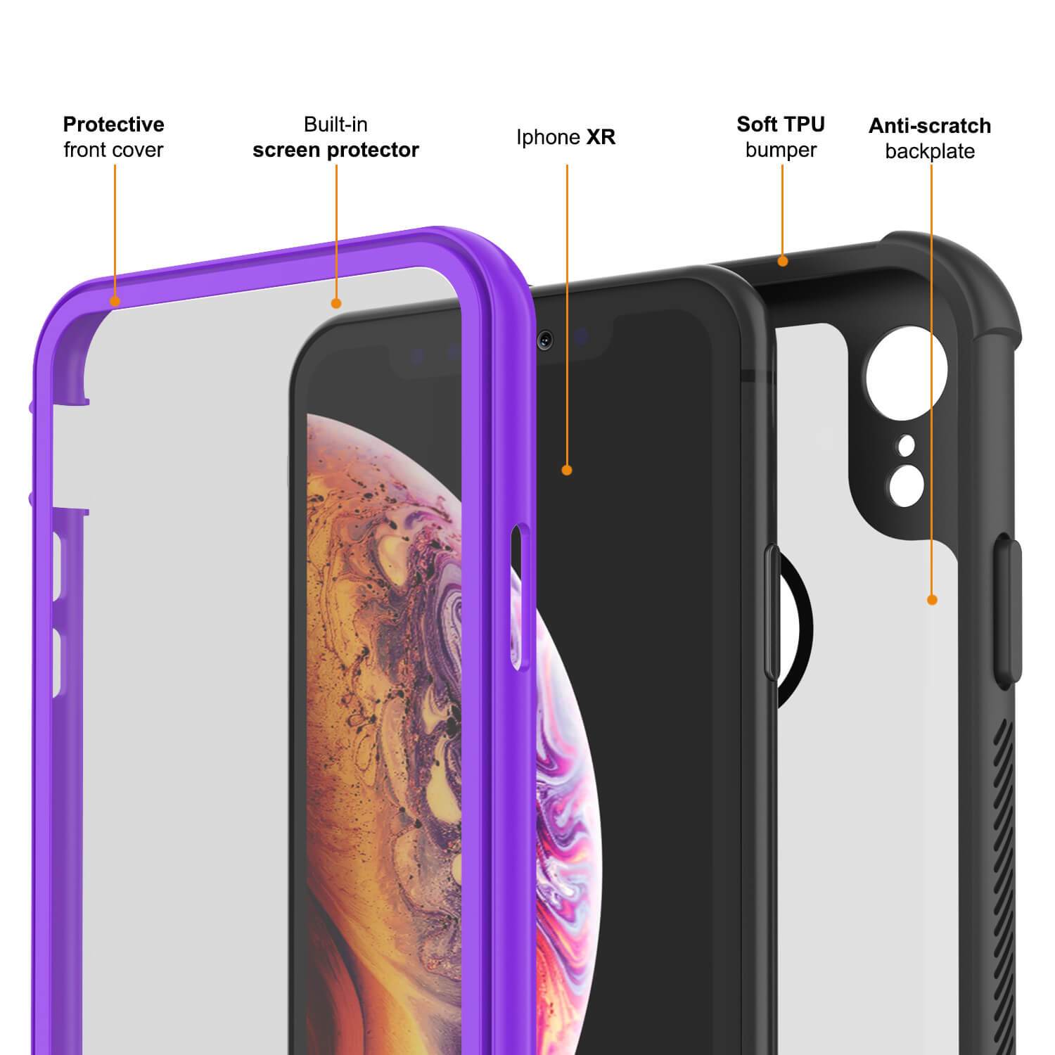 PunkCase iPhone XR Case, [Spartan Series] Clear Rugged Heavy Duty Cover W/Built in Screen Protector [Purple]