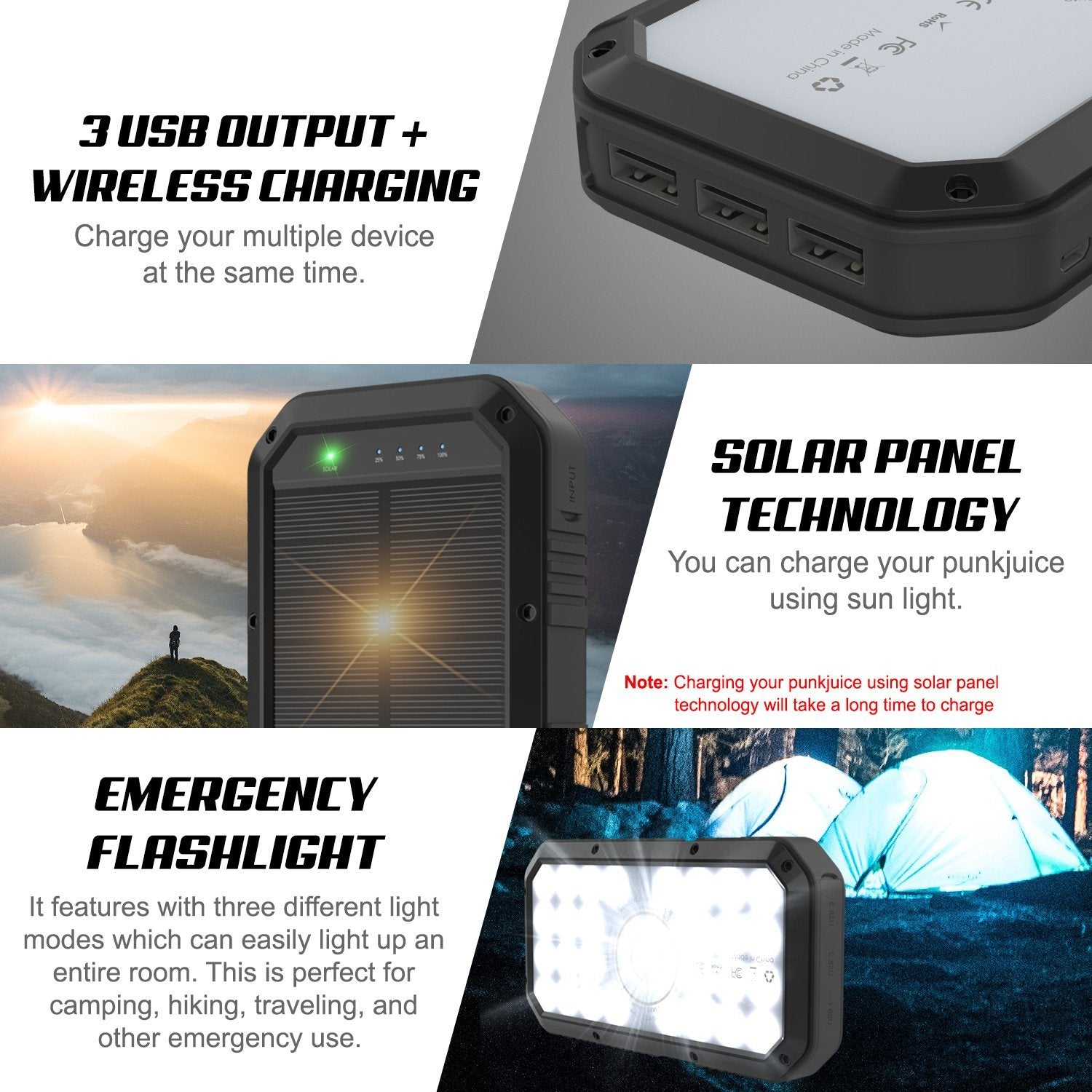 PunkCase Solar Wireless PowerBank 20000mah Battery Pack for iPhone X/XS/Max/XR / 11/10, iPad, Samsung Galaxy S10 / S9 and Many More [Black]