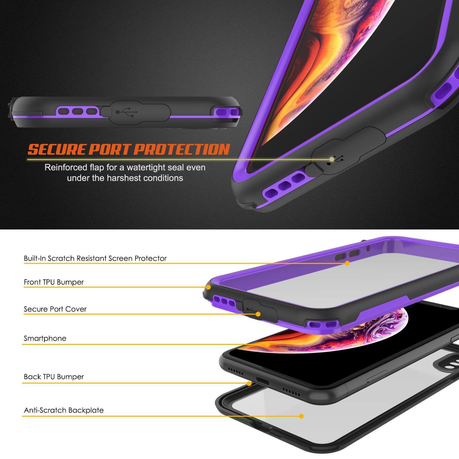 iPhone XS Waterproof IP68 Case, Punkcase [Purple] [Rapture Series]  W/Built in Screen Protector