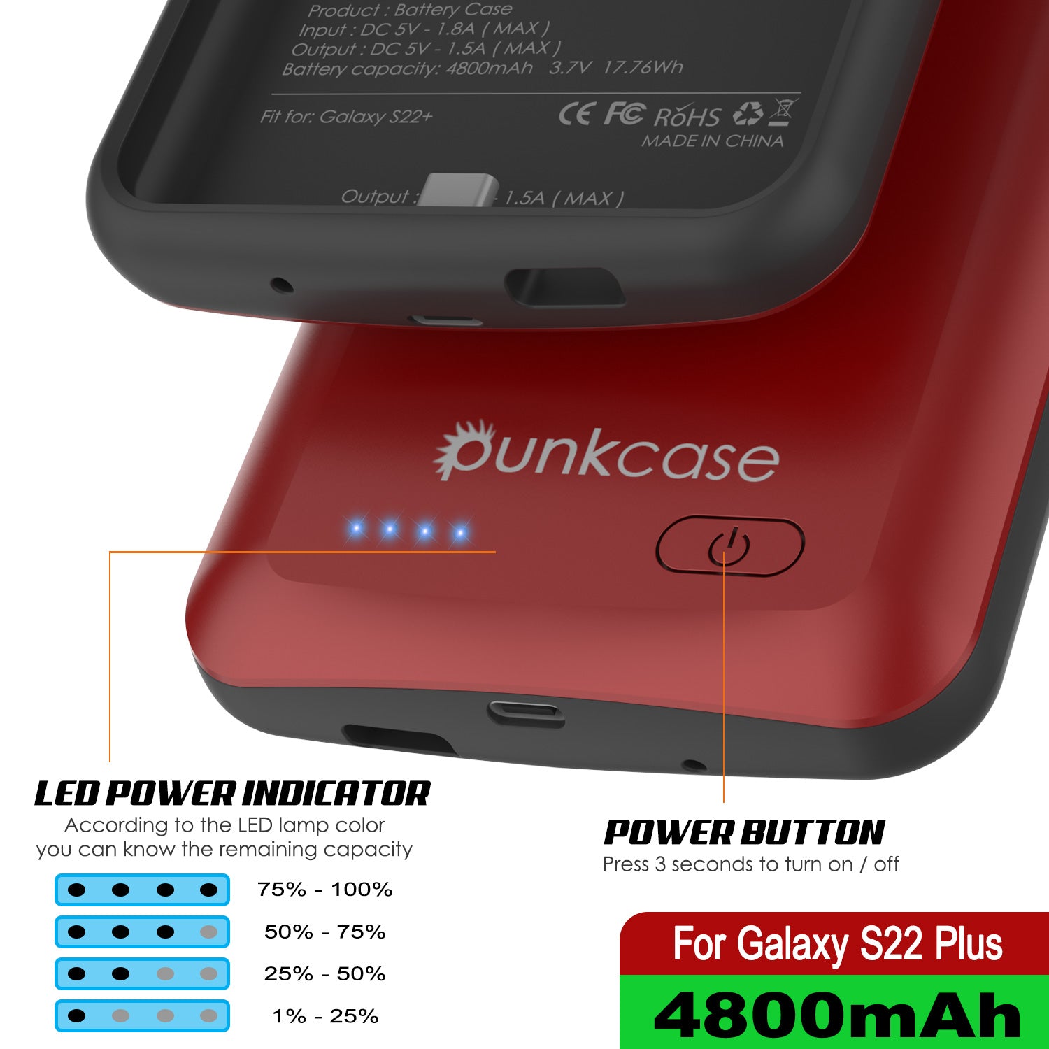 PunkJuice S22+ Plus Battery Case Red - Portable Charging Power Juice Bank with 4800mAh