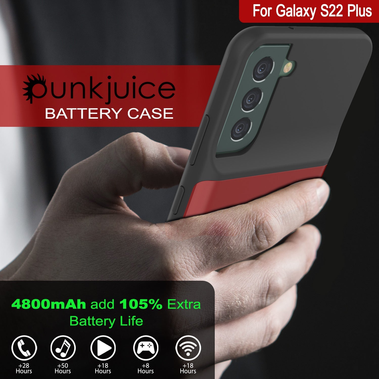 PunkJuice S22+ Plus Battery Case Red - Portable Charging Power Juice Bank with 4800mAh